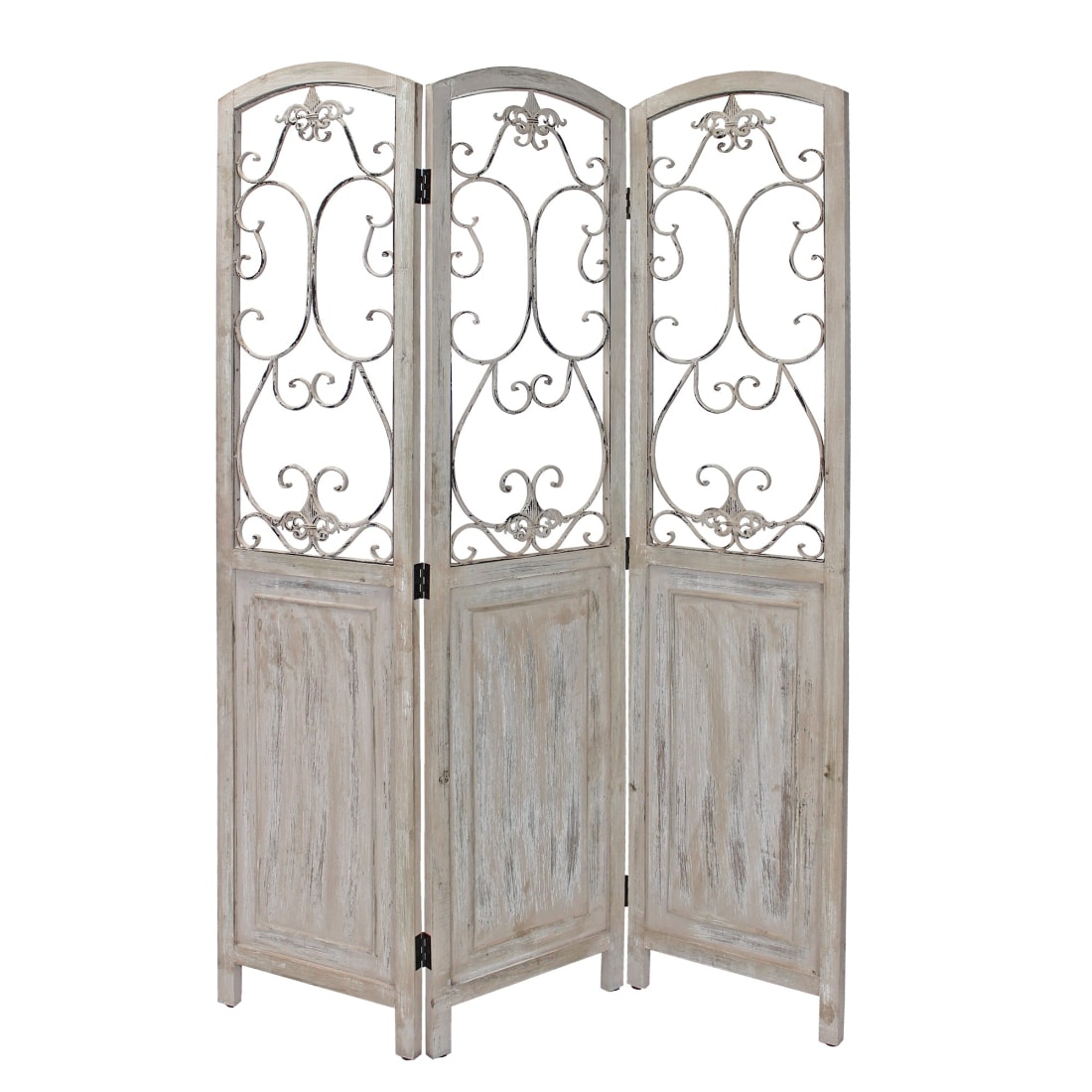HomeRoots 4000415076 Romantic Whitewashed Scroll Three Panel Room Divider Screen