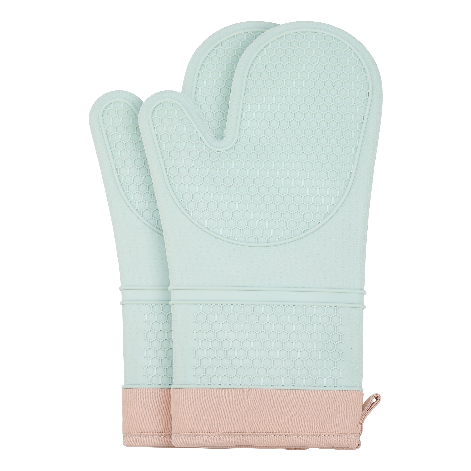 Unique Bargains Soft Silicone Oven Mitts Heat Resistant and Waterproof Cooking Gloves Thick Cotton Lining Kitchen Mitts Set of 2 13x7.5inch Mint Green