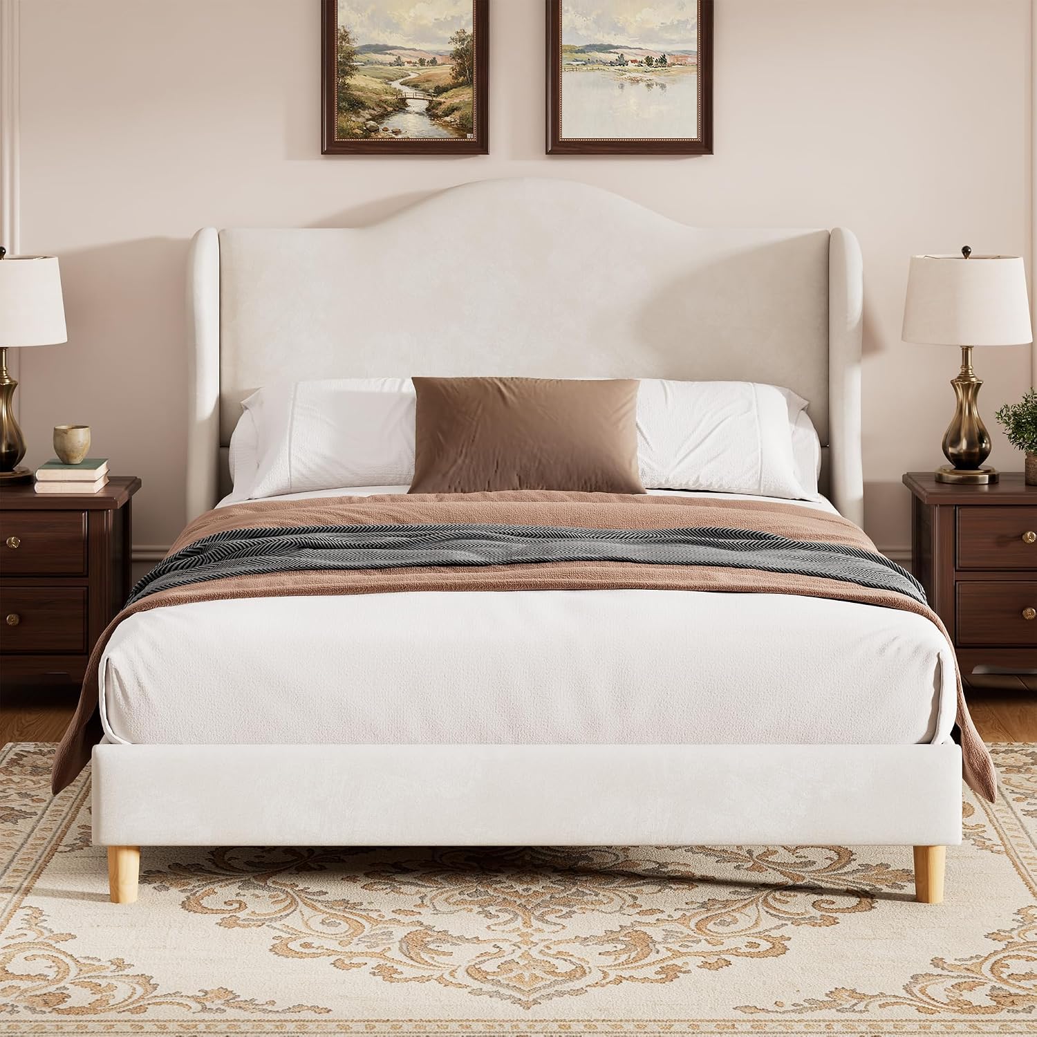 Garvee Upholstered Platform Full Bed Frame Velvet Curved Headboard ...
