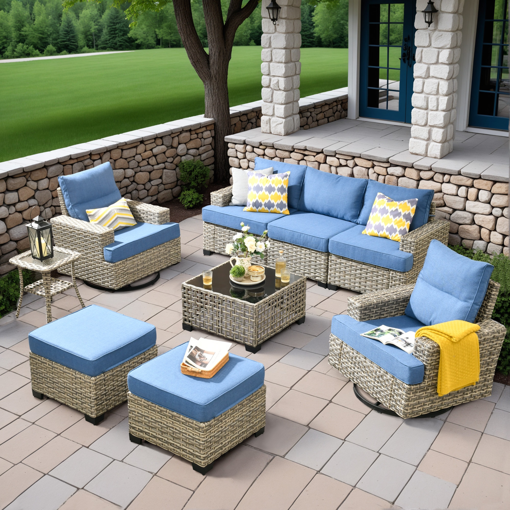 ALTRIGUS 6L-YZTBS5091-AL 9 -Piece Wicker Patio Sofa Conversation Set with Blue Cushions