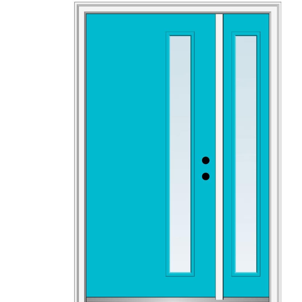 MMI DOOR ZZ348411L Spotlights 50-in x 80-in x 6-9/16-in Fiberglass Pulse lite Left-hand inswing Bahama Blue Painted Prehung Front Door with Right Sidelight with Brickmould Insulating core
