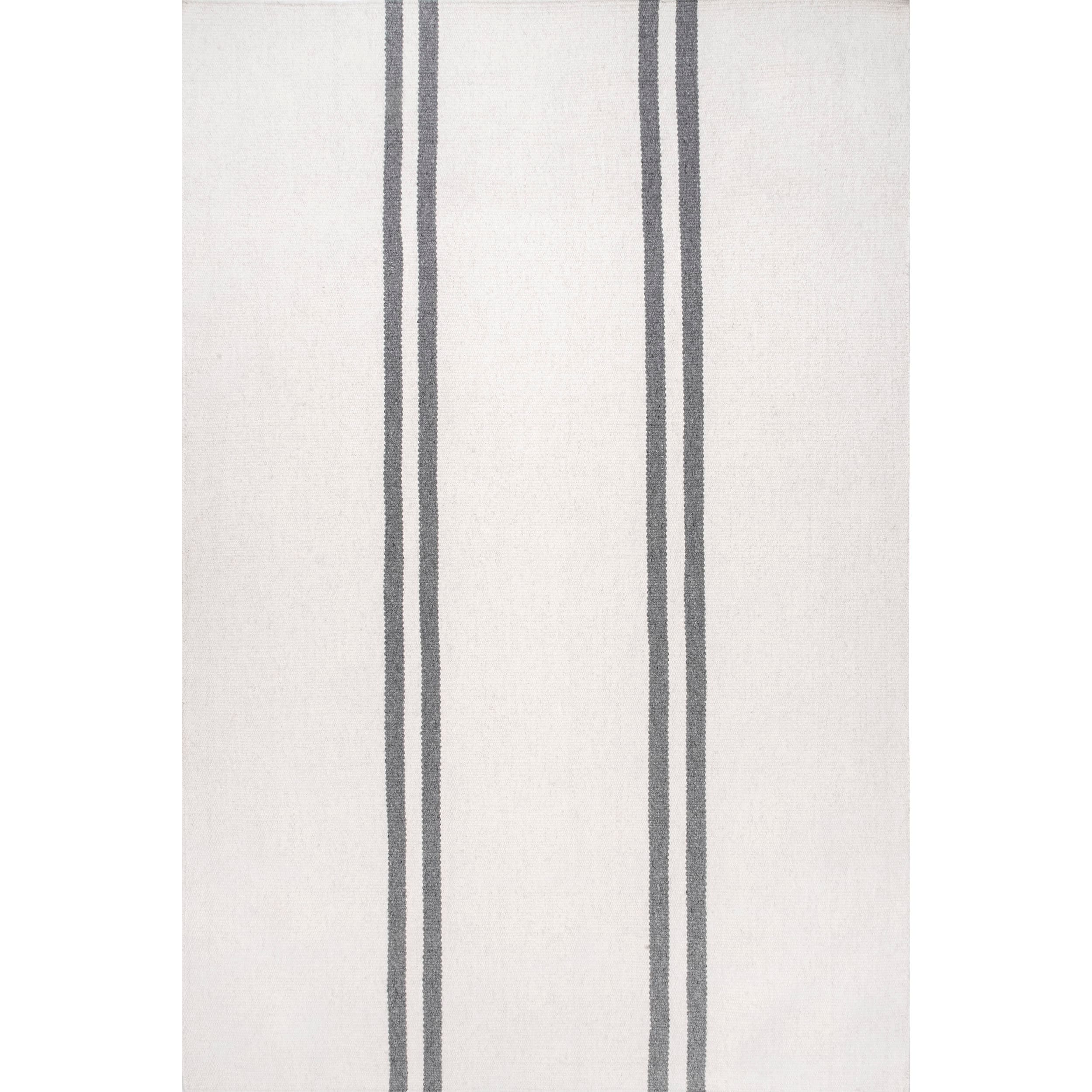 Ivory and Gray Striped Wool 4' x 6' Flat Woven Rug