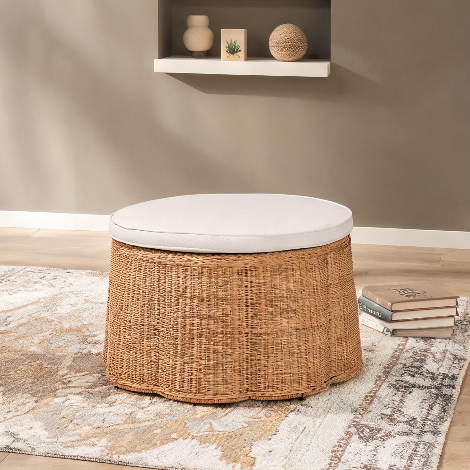 Naturefalls Round Handwoven Natural Rattan Ottoman with Removable ...