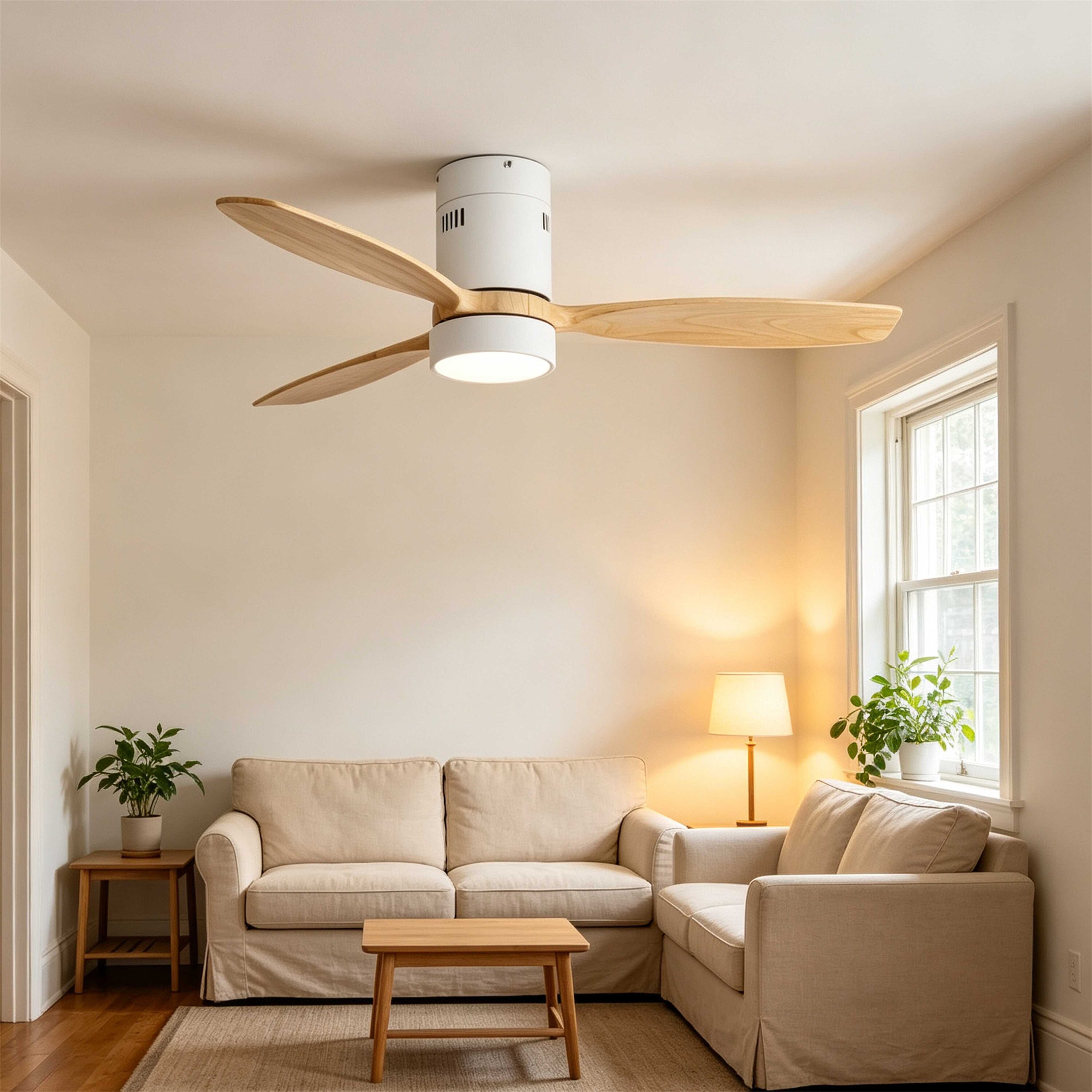 BABOOM - Reversiable Ceiling Fan 52-in White LED Flush Mount Ceiling Fan With Light and Remote Co...