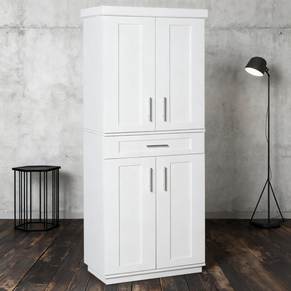Vynxaria 30-in W x 72-in H x 15.75-in D White Freestanding Kitchen Pantry Cabinet with Adjustable Shelves and Drawers