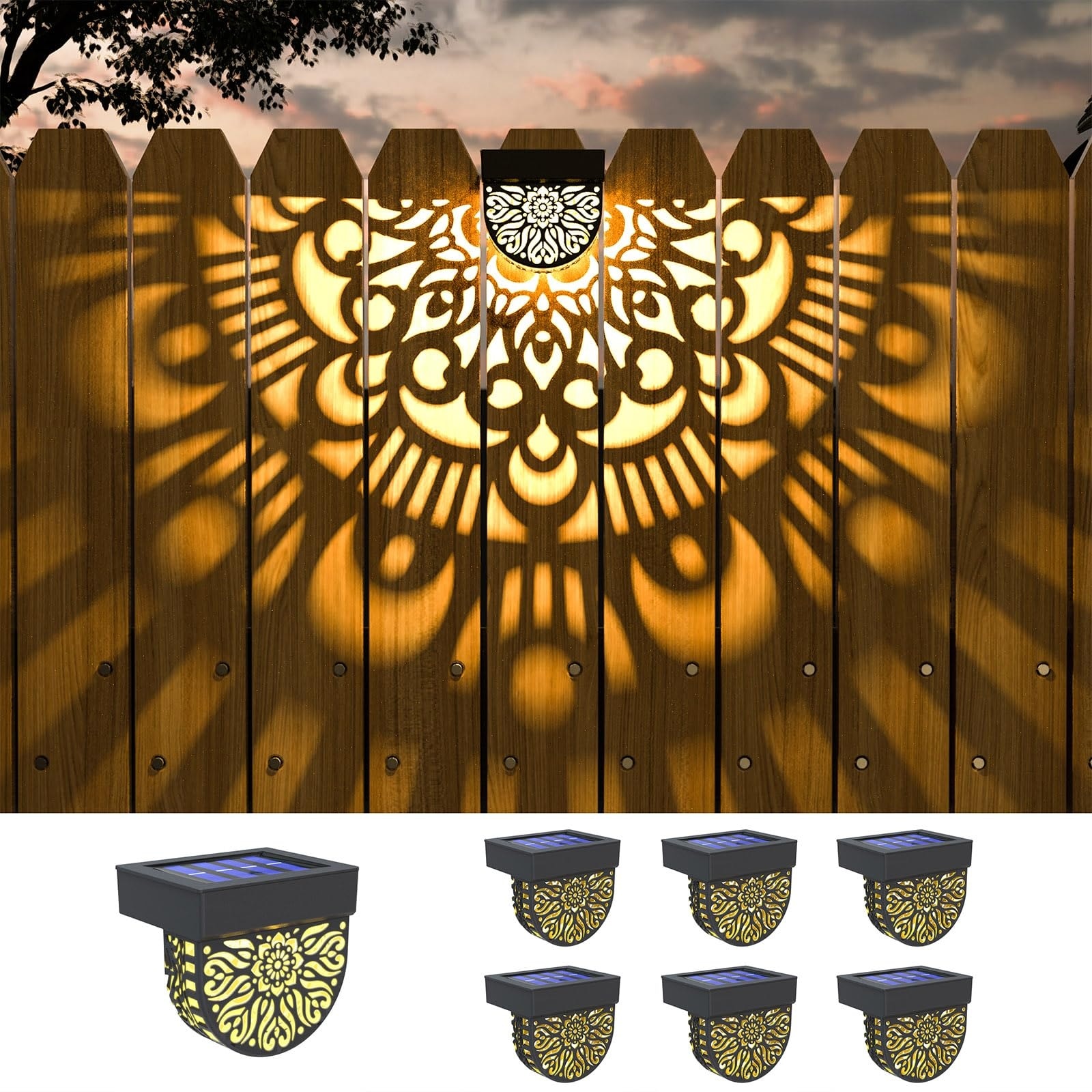 Oyezvary  6 pack solar fence lights outdoor wall lights black plastic waterproof mandala pattern deck step stair lights for garden patio yard