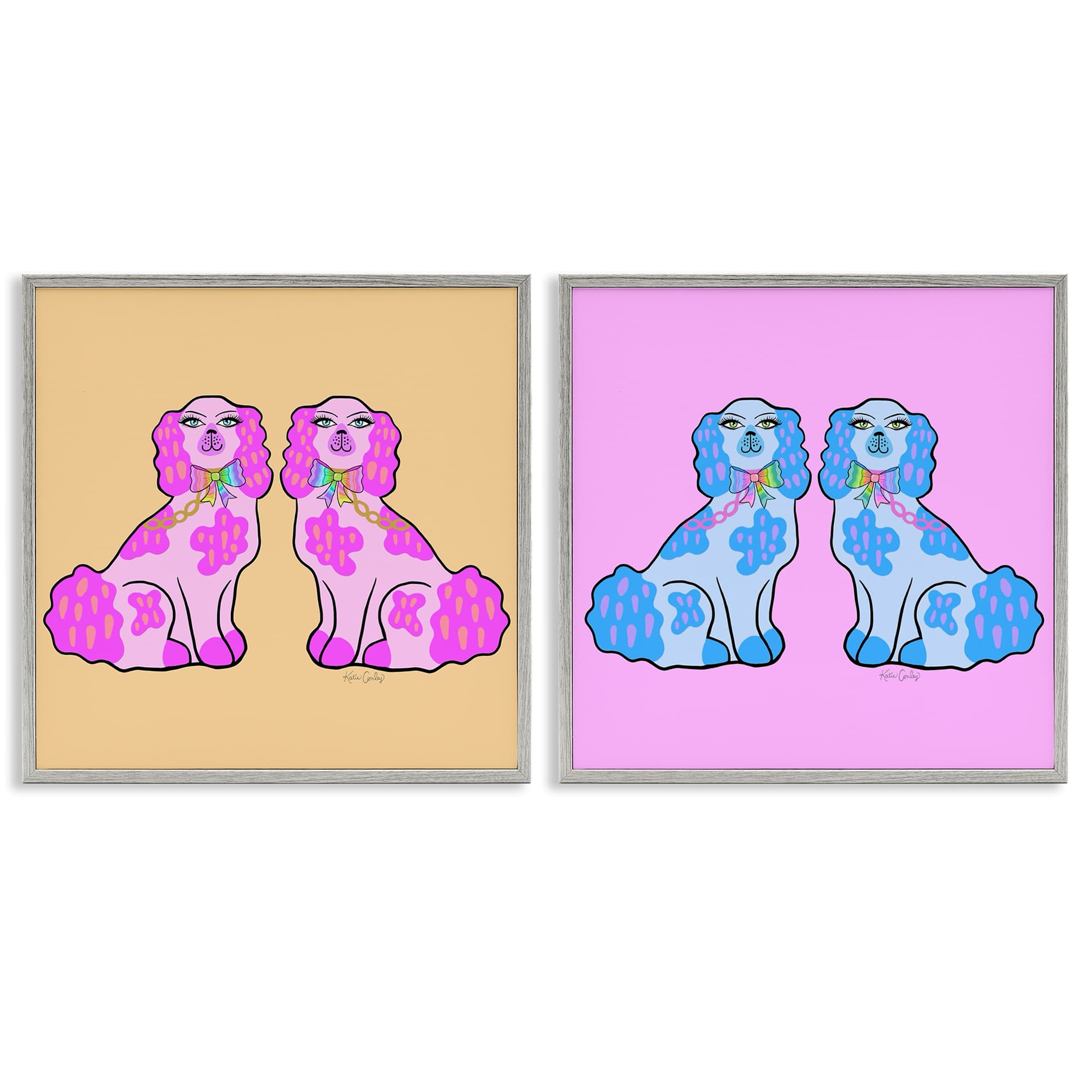 Stupell Industries B2-793-GFF-2PC-17X17 Brightly Colored Posh Pooches 2pc Framed Giclee Set design by Katie Conley