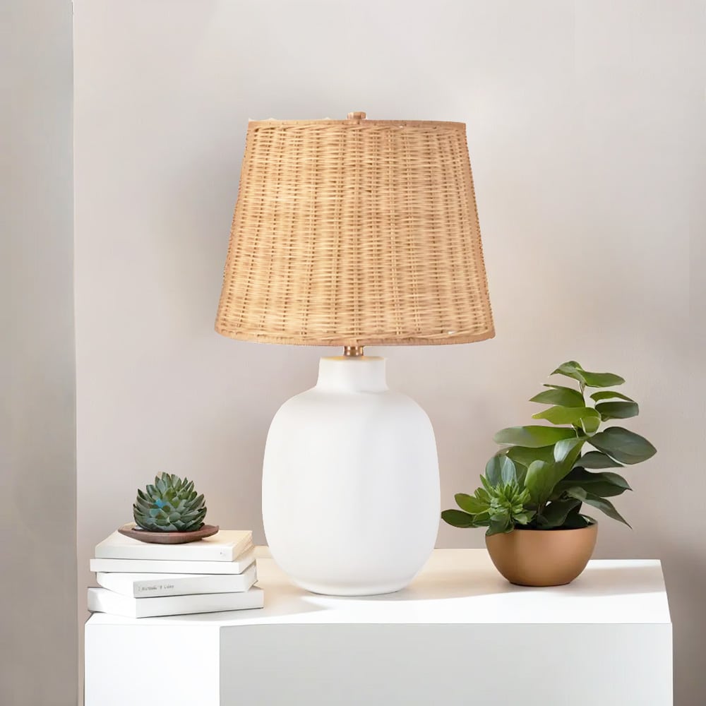 allen + roth 20-in White Led 3-way Table Lamp with Rattan Shade 7590-MH ...