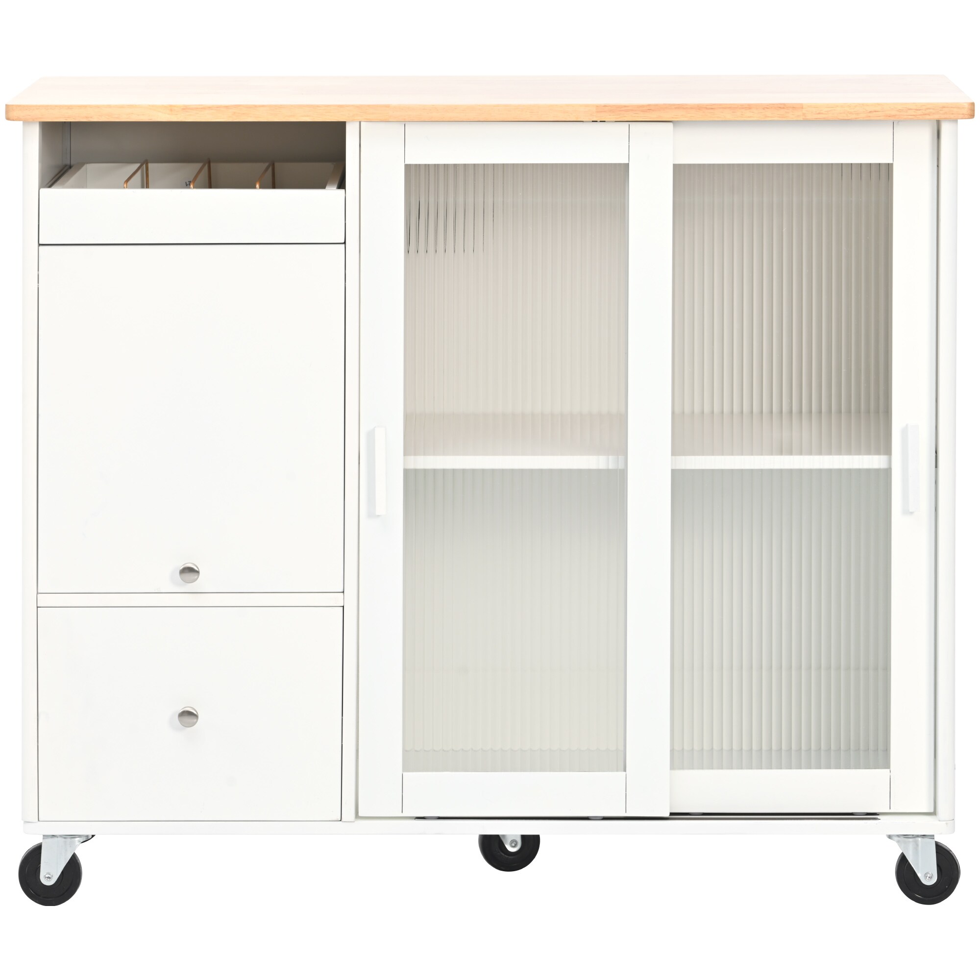 White MDF Base with Wood Wood Top Rolling Kitchen Island ( 18-in x 44-in x 37-in ) Rubber | - Kahomvis KK-QPO2-7W