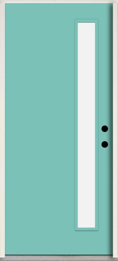 RELIABILT LO1065232 Spotlights 32-in x 80-in x 4-5/8-in Fiberglass 1/4 lite Left-hand inswing Caribbean Blue Paint Painted Prehung Front Door Insulating core