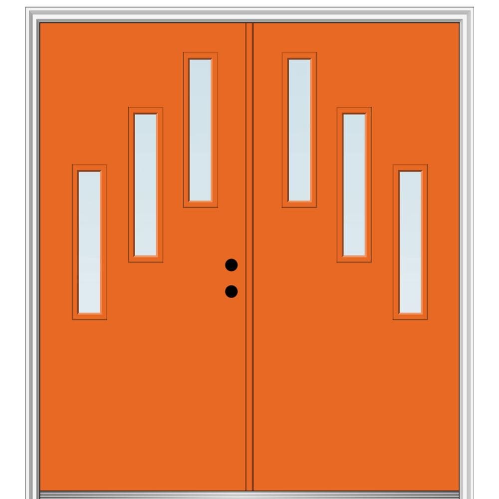 MMI DOOR ZZ349452L Spotlights 64-in x 80-in x 6-9/16-in Fiberglass Pulse lite Left-hand inswing Tangerine Painted Prehung Double Front Door with Brickmould Insulating core