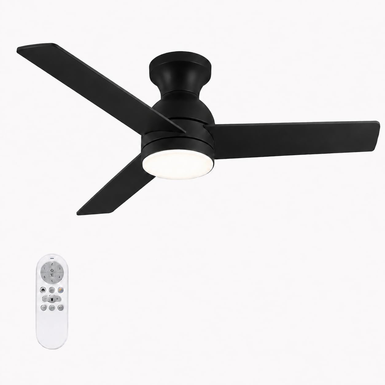 Garvee 42 Inch Ceiling Fan with Light Black Low Profile 3 Blades Composite Wood Modern Simple Indoor Outdoor Flush Mount Ceiling Fan with Frosted Lampshade