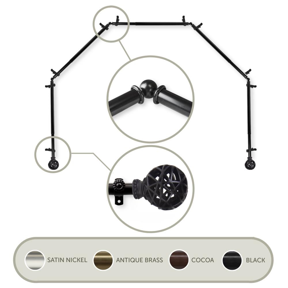 Hart & Harlow L5BAY-88-2 13/16-in Teagan 5-Sided 28-in to 48-in Black Steel Bay window curtain rod with Finials