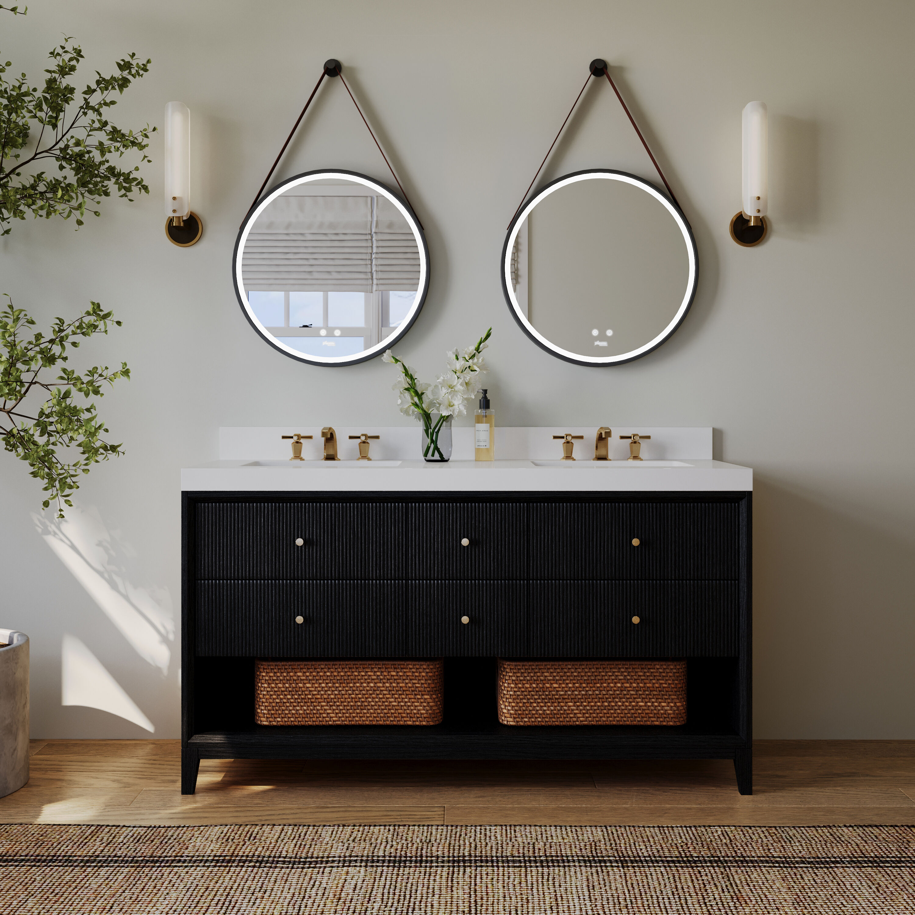 Ancerre Designs VTS-MOMO-60-RBO-WQZ Momo 60-in Black Oak Undermount Double Sink Bathroom Vanity with White Quartz Top
