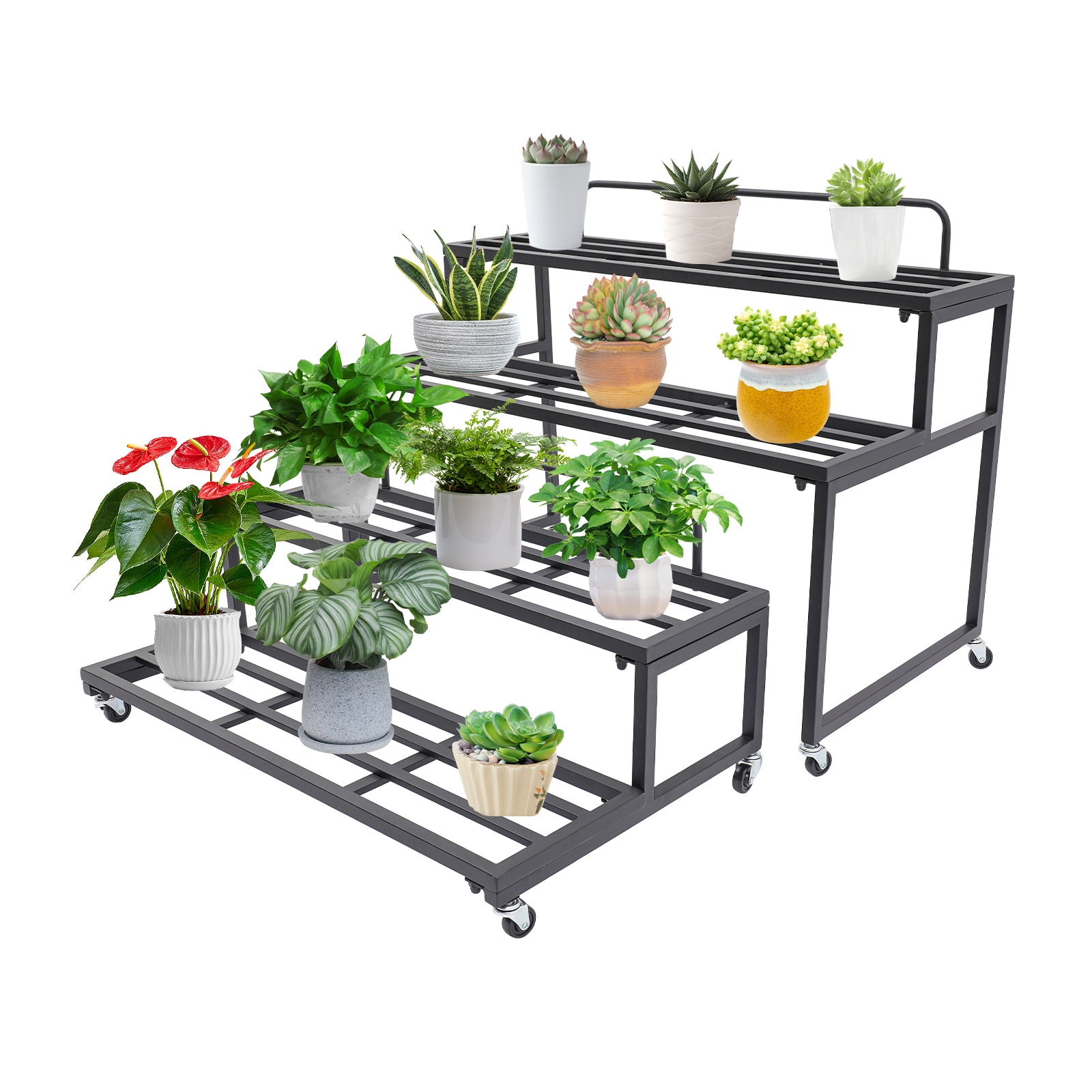 CNCEST YLYODRS8WDZJ8 4-layer Flower Pot Holder Rack 24.41-Inches H x 33.46-Inches W 4-Tier Black with Brake Indoor/Outdoor Novelty Wrought iron Plant Stand
