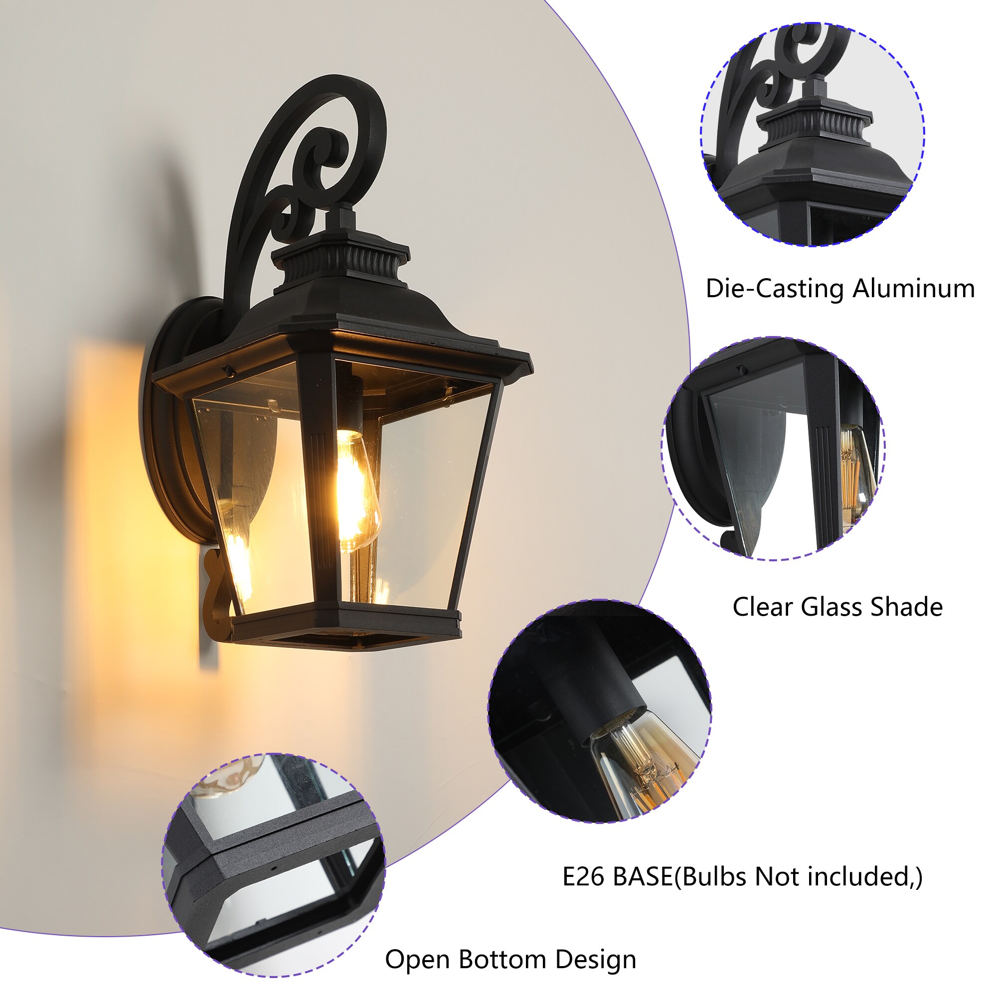 Outdoor Wall Light Fixtures 9.76'', Waterproof Porch Lights Wall Lanterns, Exterior Modern Matte Black Wall Mount Lighting, Anti-Rust E26 Socket