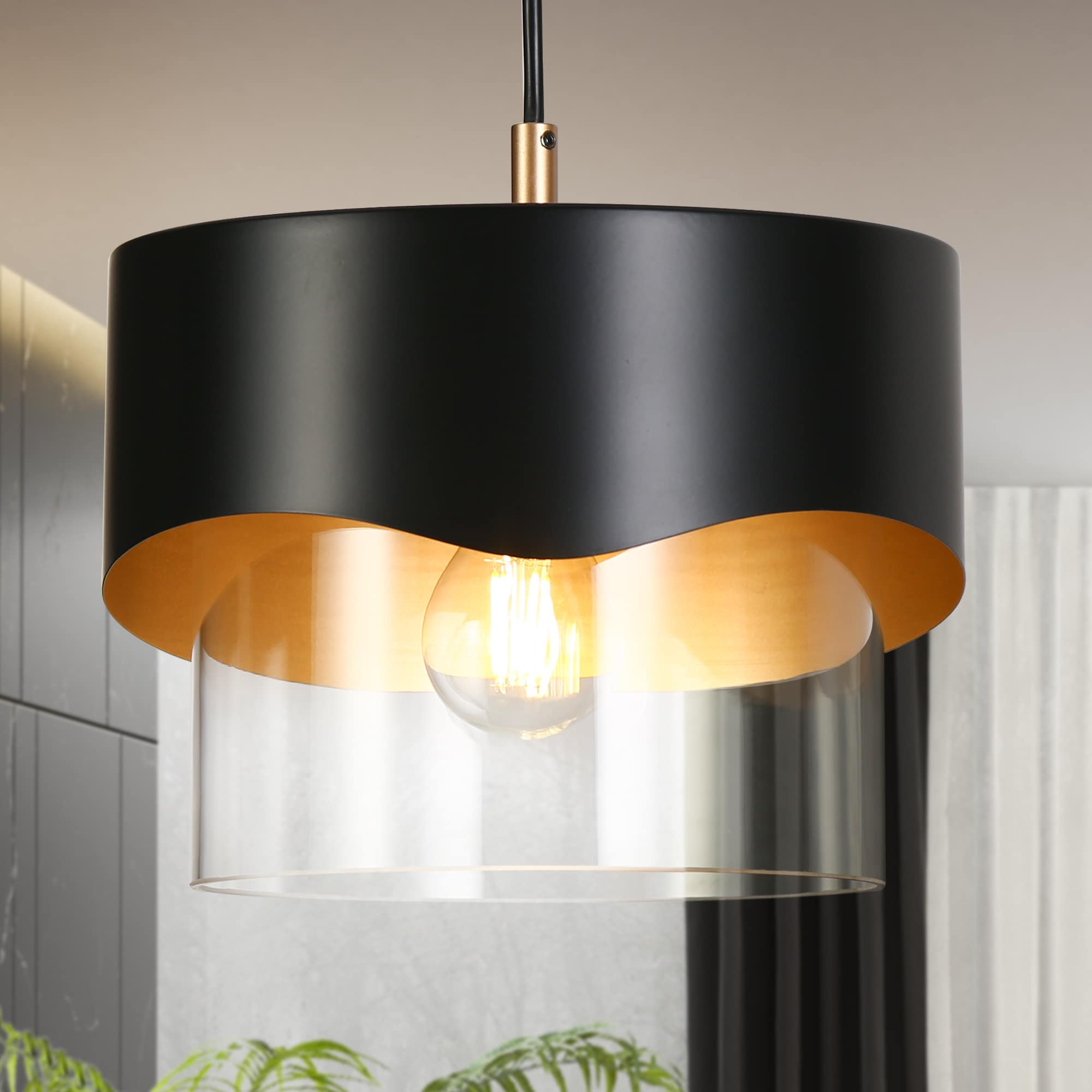 ZEVNI L3VJ7NVEW5304SH9 Noirlux Matte Black and Brass Gold Chandelier Farmhouse Clear glass Drum Medium Hanging Kitchen island light