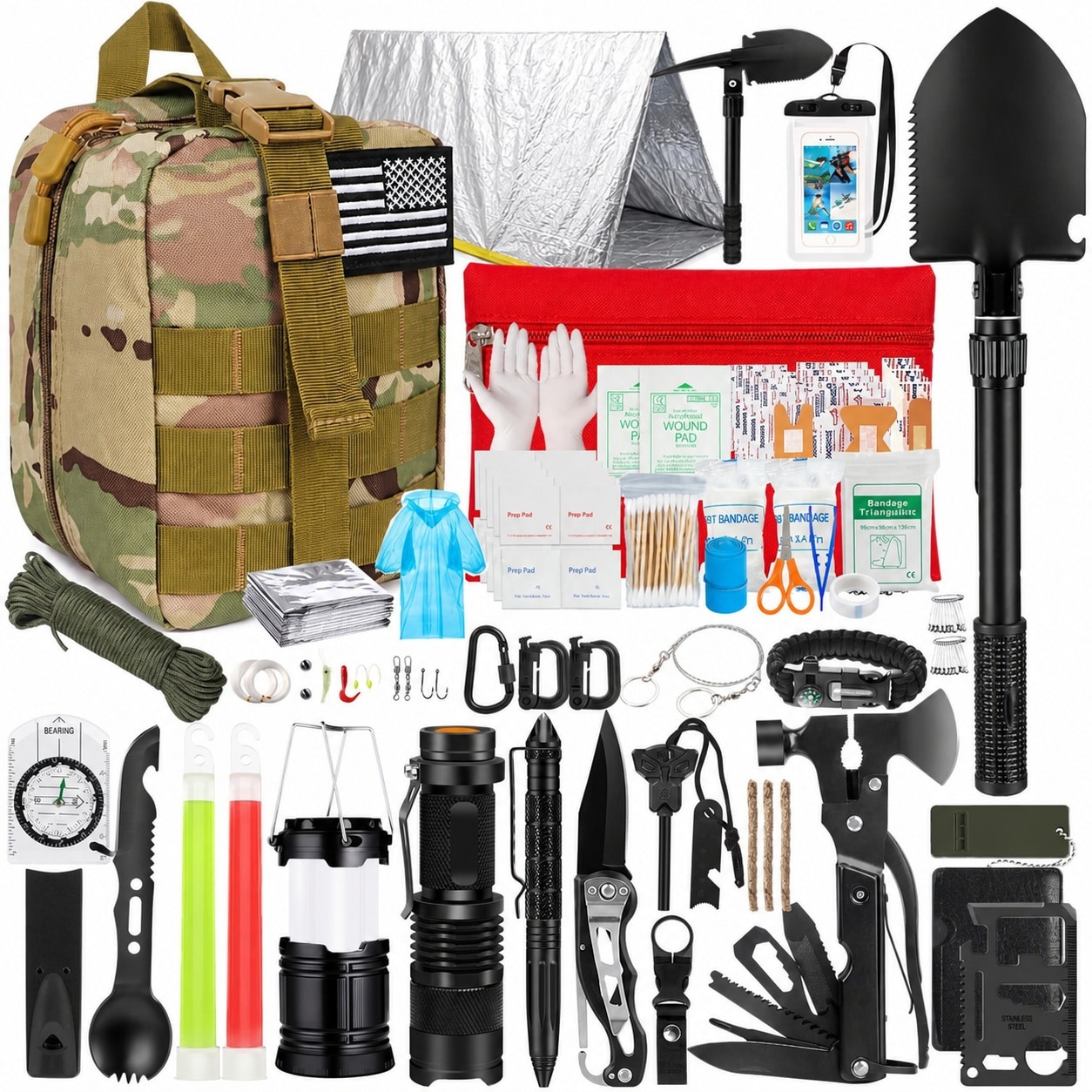 Anqtovp  250 pcs Survival Kit with First Aid Supplies Molle Compatible Bag Emergency Tent for Camping Hiking Hunting Earthquake Adventure