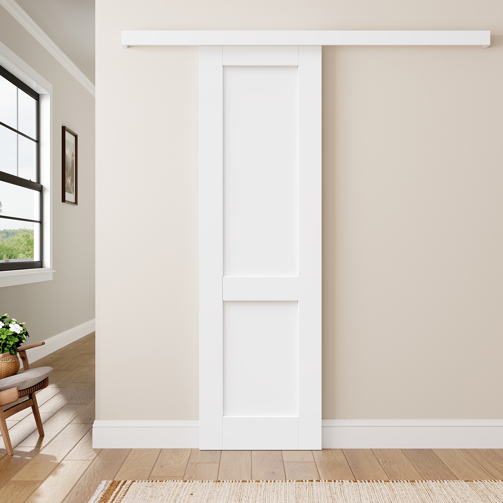 HYALON - 2-Panel White Primed Solid Core MDF Hidden Track Sliding Barn Door with Hardware Kit 18-...