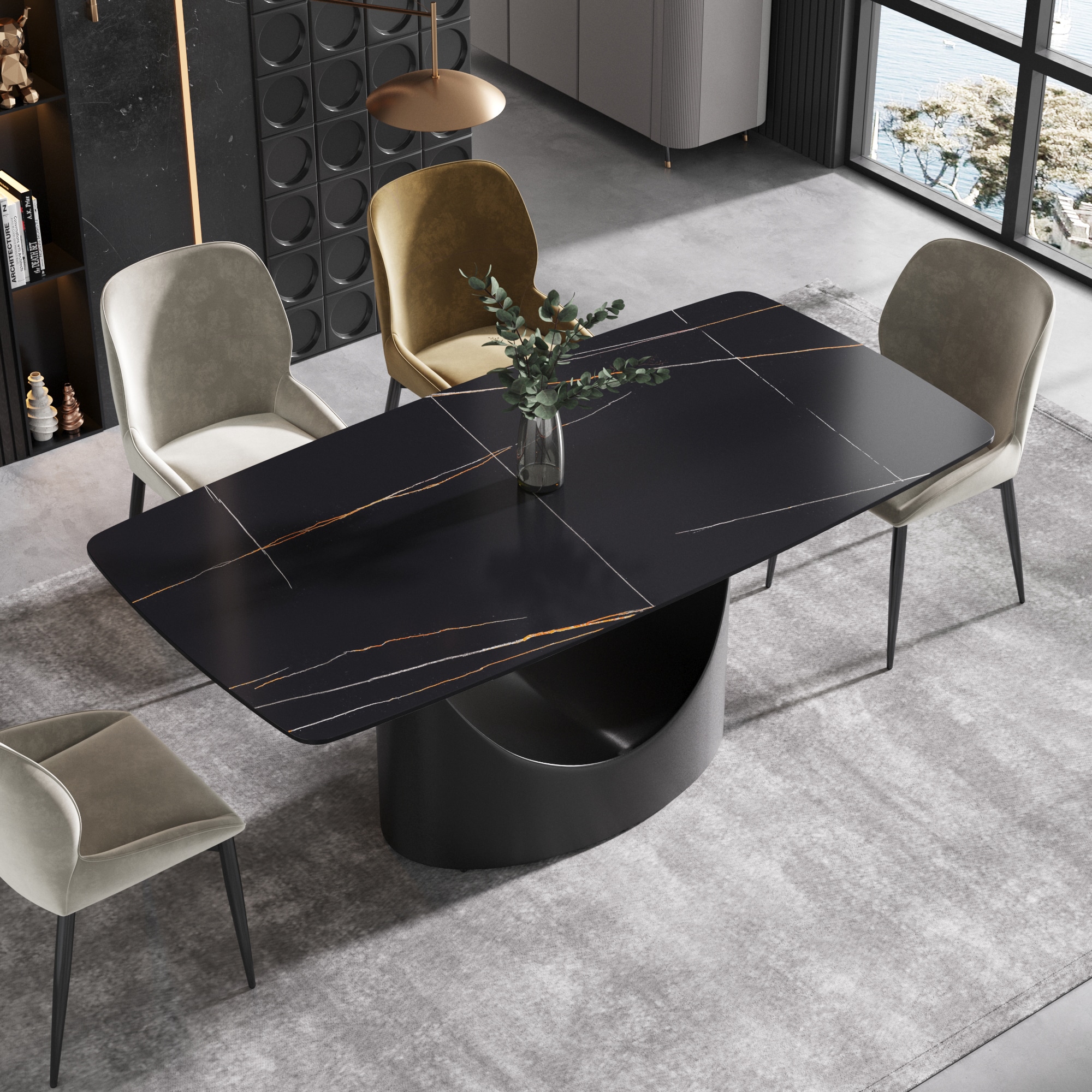 BuotiqHom DH-AT-18AB-MH5B 71 in. Black Contemporary/Modern Dining Table, Ceramic with Primed Metal Pedestal Base 71-in L x 29.5-in H