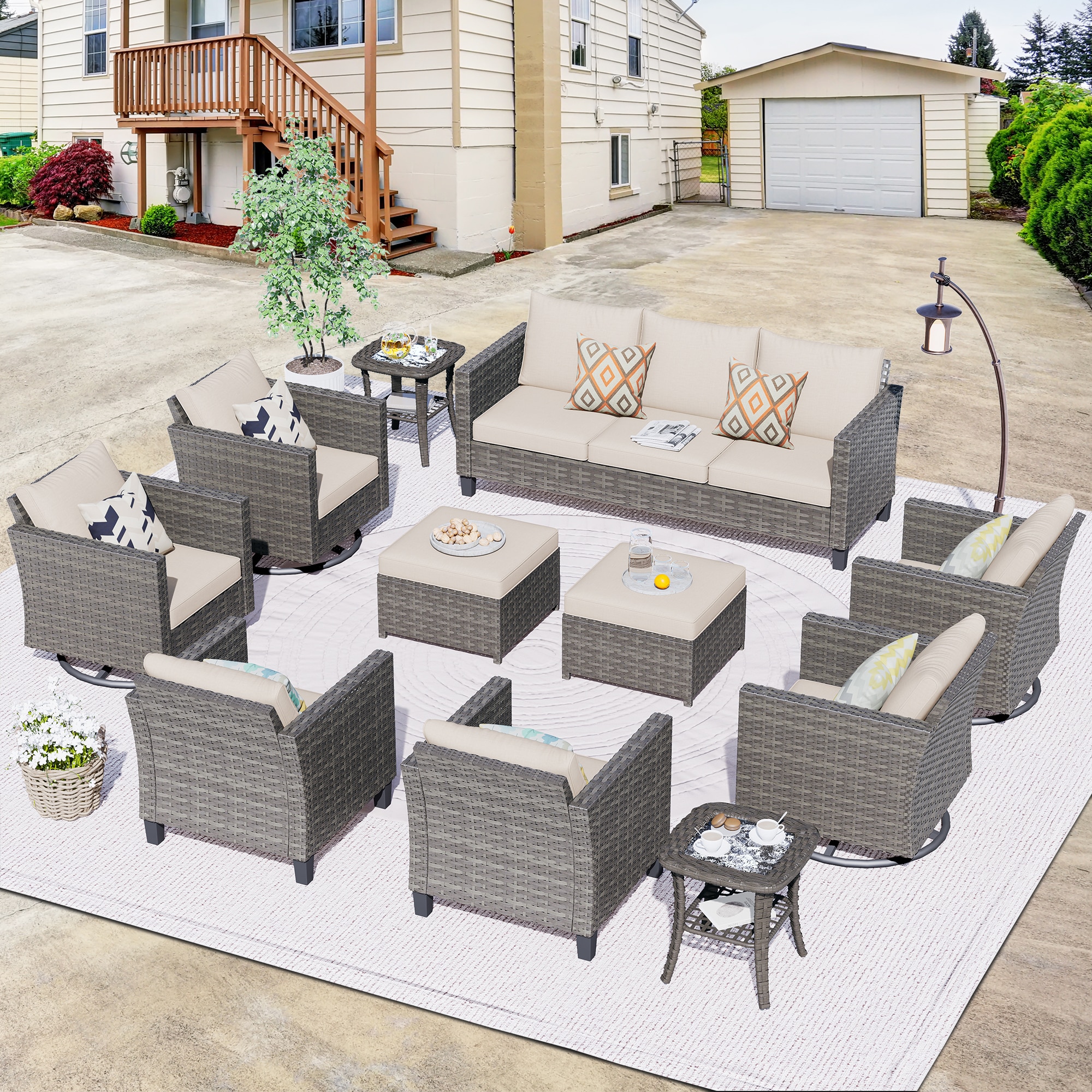 XIZZI XXSQRC60116 Lullaby 11 -Piece Rattan Patio Sofa Conversation Set with Off-white Cushions
