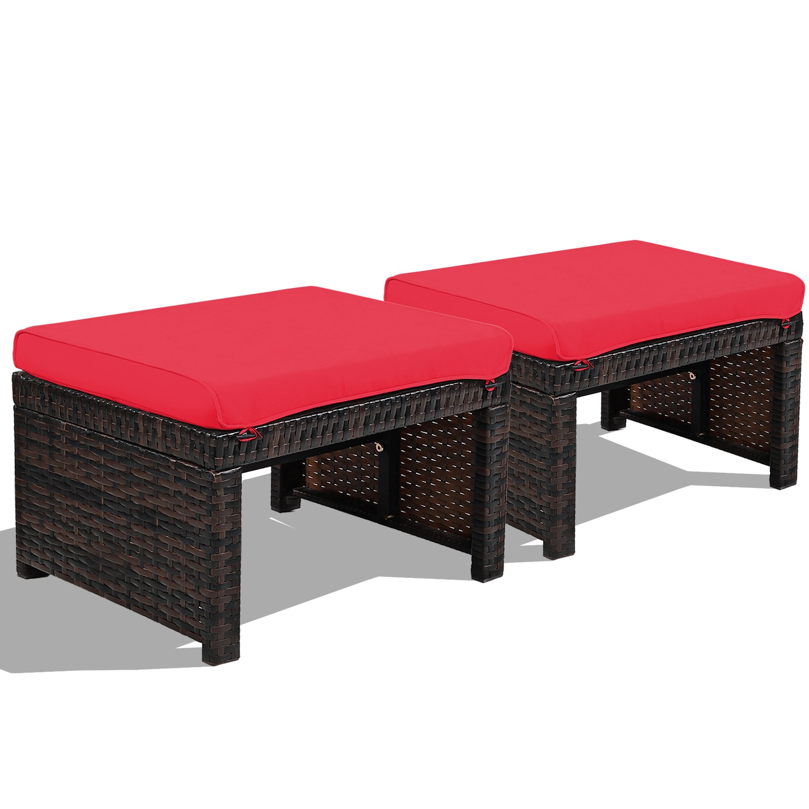 Slickblue D-CO-ER41876WH 2 Pieces- Outdoor Mix Brown PE Rattan Rectangle Ottoman with White/ Red/ Turquoise/ Gray Cushions for Patio Garden Balcony Indoor Seating