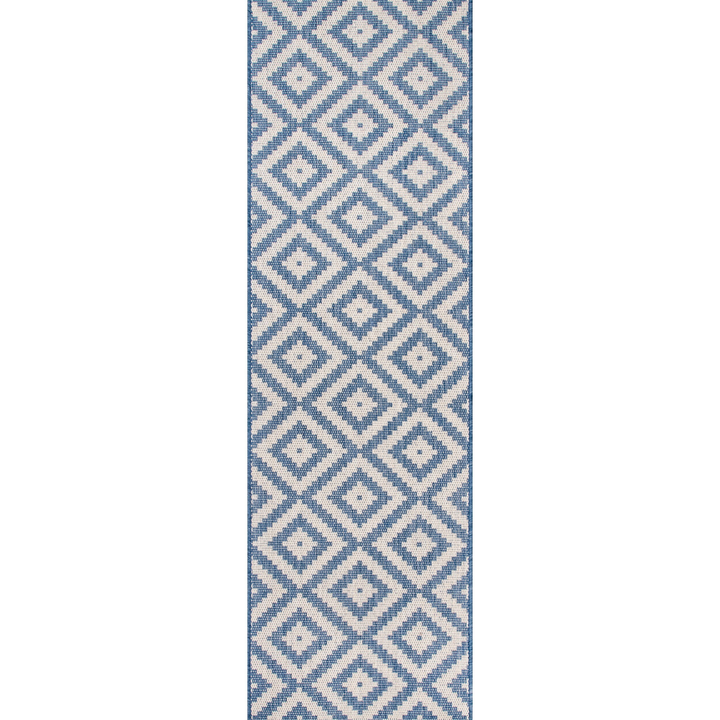Blue and Ivory Geometric Polypropylene Indoor/Outdoor Runner Rug, 2' x 8'
