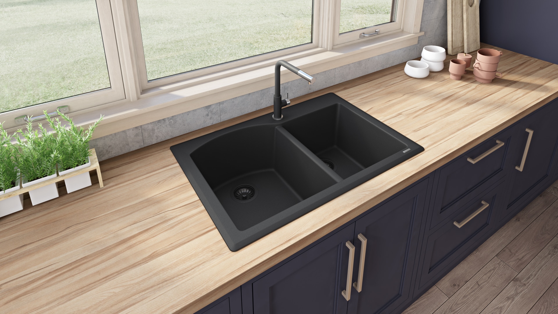 Midnight Black 33 x 22 Inch Granite Double Bowl Drop-In Sink