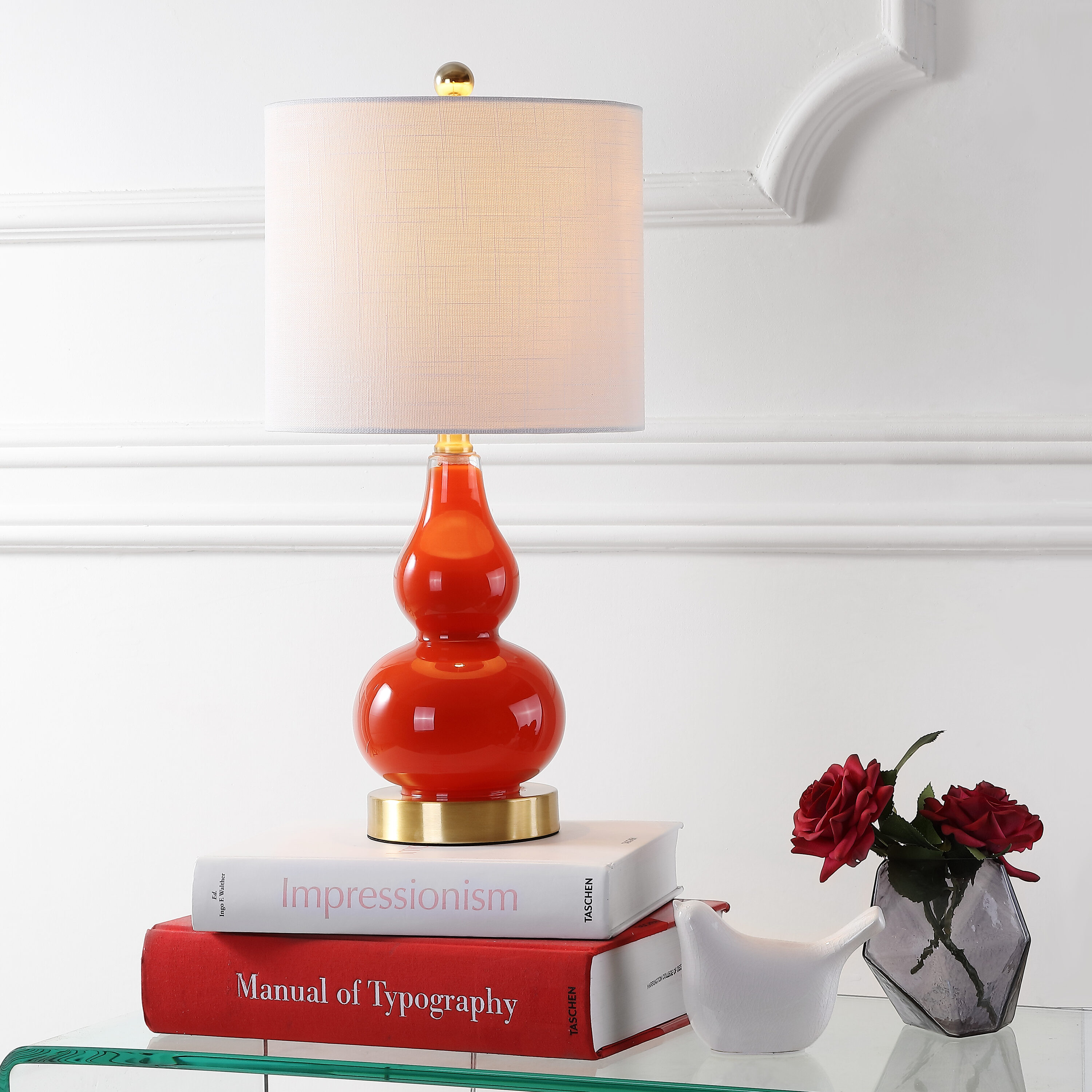 JONATHAN  Y JYL1028G Anya Glass Transitional Mid-Century 20.5-in Sunset Orange LED On/Off switch Table Lamp with Linen Shade
