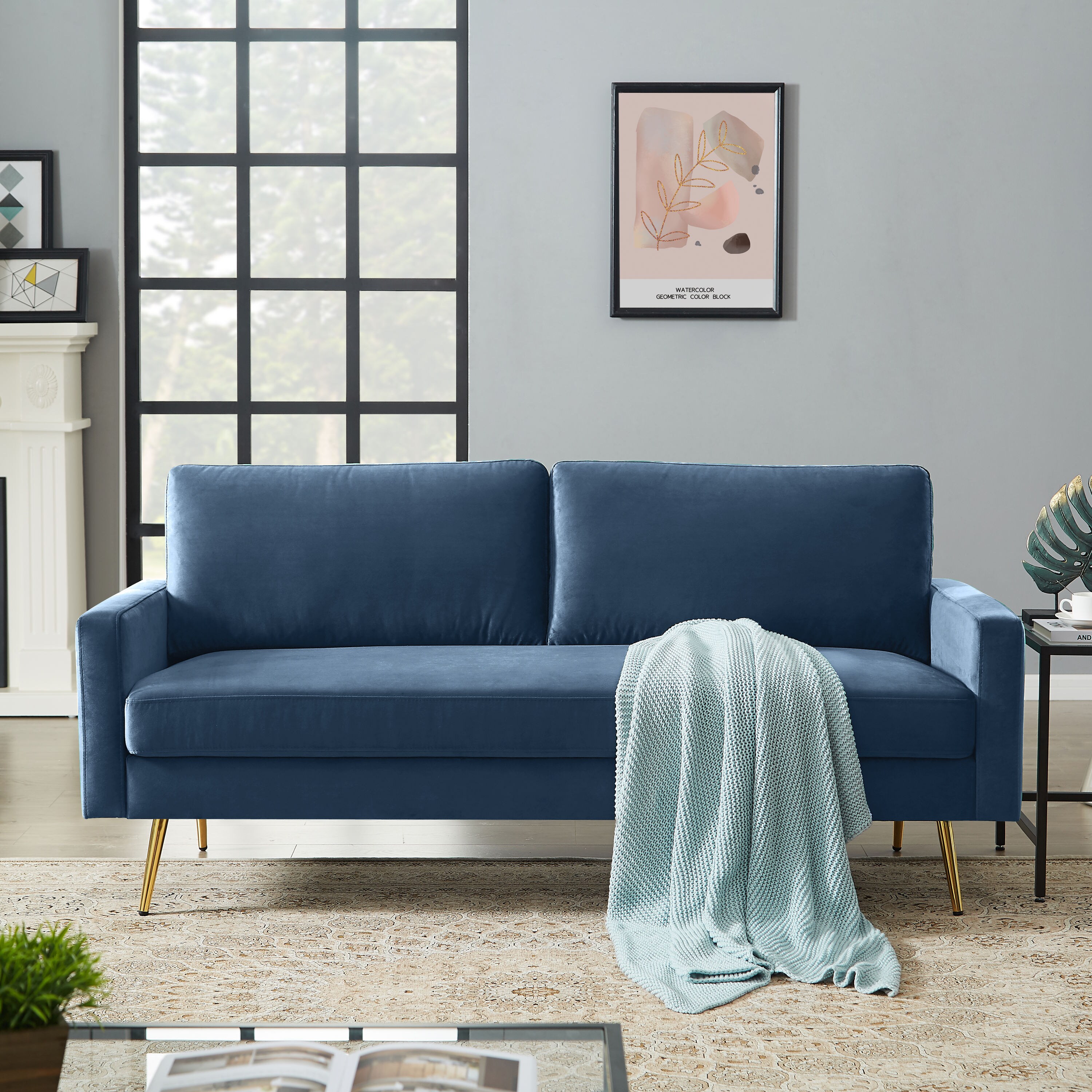 CASAINC Modern dark blue velvet sofa Modern Dark Blue Velvet Sofa in ...