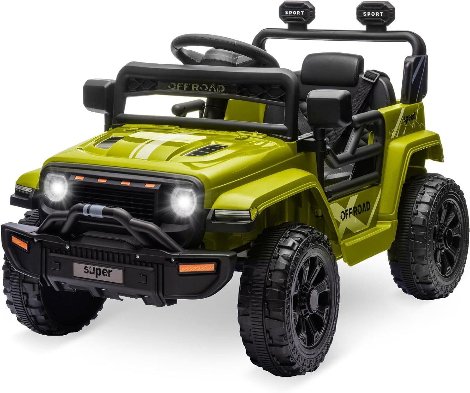 Qeetex LHF-TC-WQ591037 Ride On Truck Car 12V Ride On Toy w/Parent Remote Control Steering Wheel Music 4-Wheel Spring Suspension Led Lights 2 Speeds Kids Electric Vehicles for Age 3-5 Green