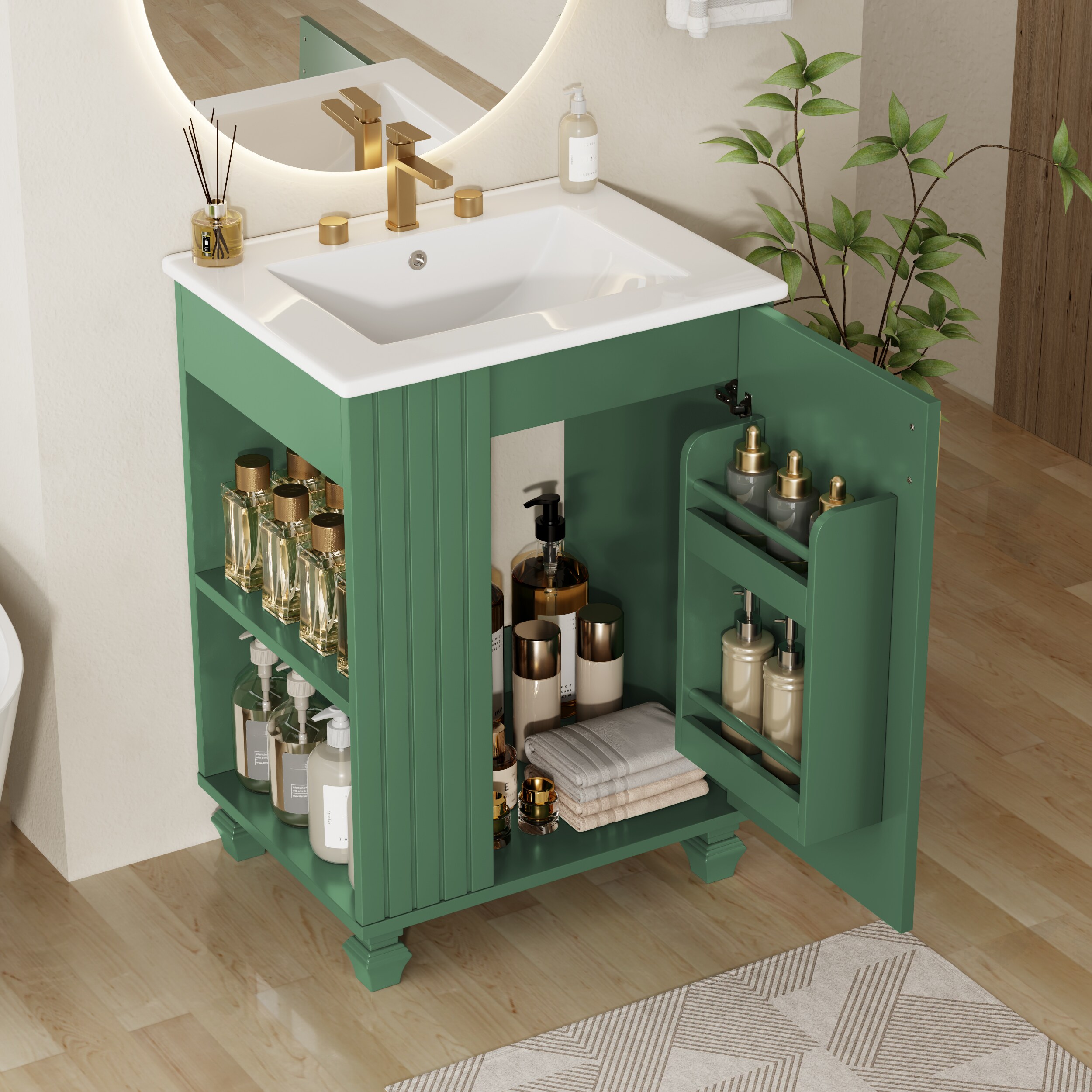 Tatayosi RY-P293645F 24 Inch Green Bathroom Vanity with Ceramic Sink and Side Open Storage Two Tier Shelves Soft Close Door Cabinet with Solid Wood Frame