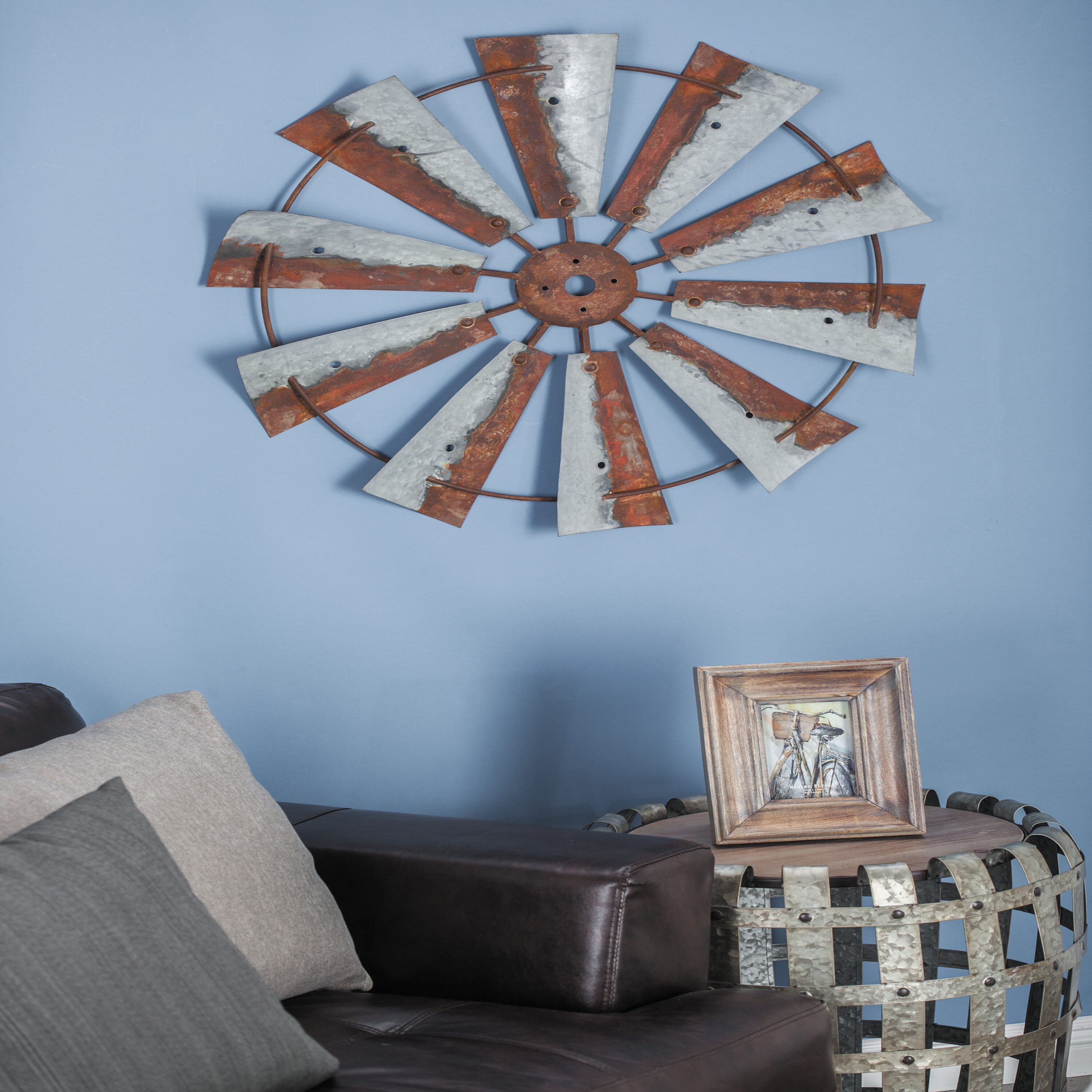 Rustic Brown Iron Windmill Wall Sculpture 30" Farmhouse Decor