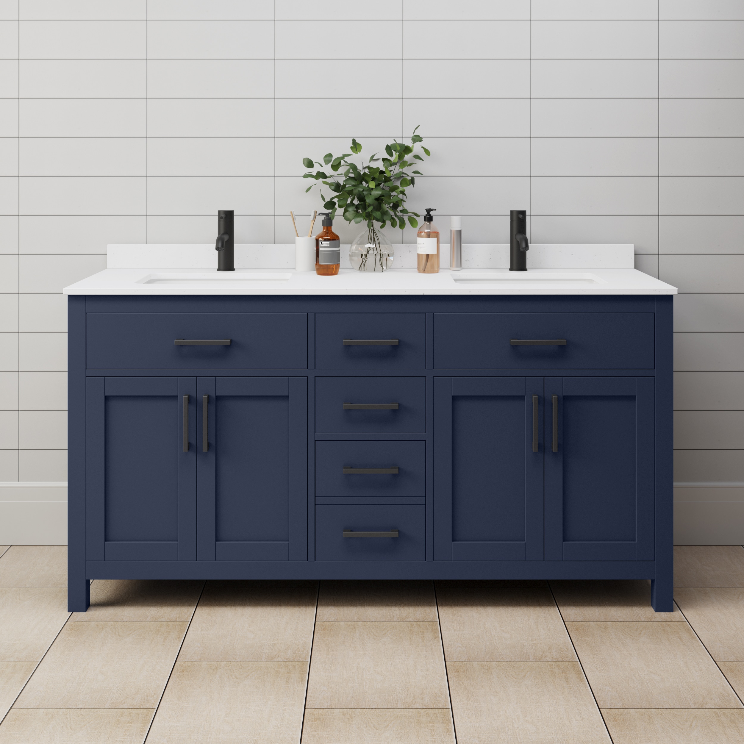 Wyndham Collection WCG242466DBBWCUNSMXX Beckett 66-in Dark Blue with Matte Black Trim Undermount Double sink Bathroom Vanity with White Cultured Marble Cultured marble Top