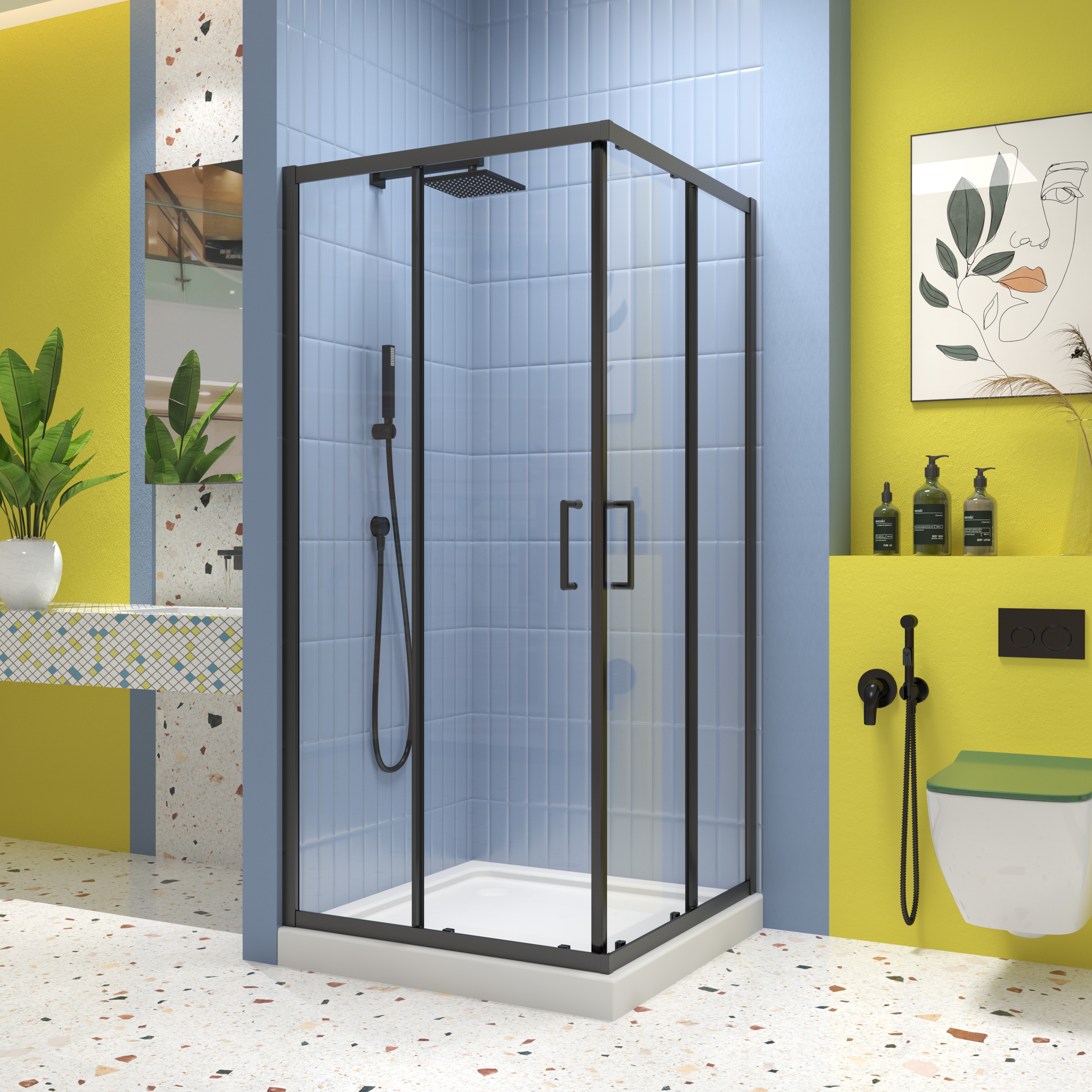 LOVMOR SF-WO-2122P225441 Sliding shower door with 1 4 tempered glass 34.625 in x 72 in Frame Neo Angle Pivot Shower Enclosure in Matte Black