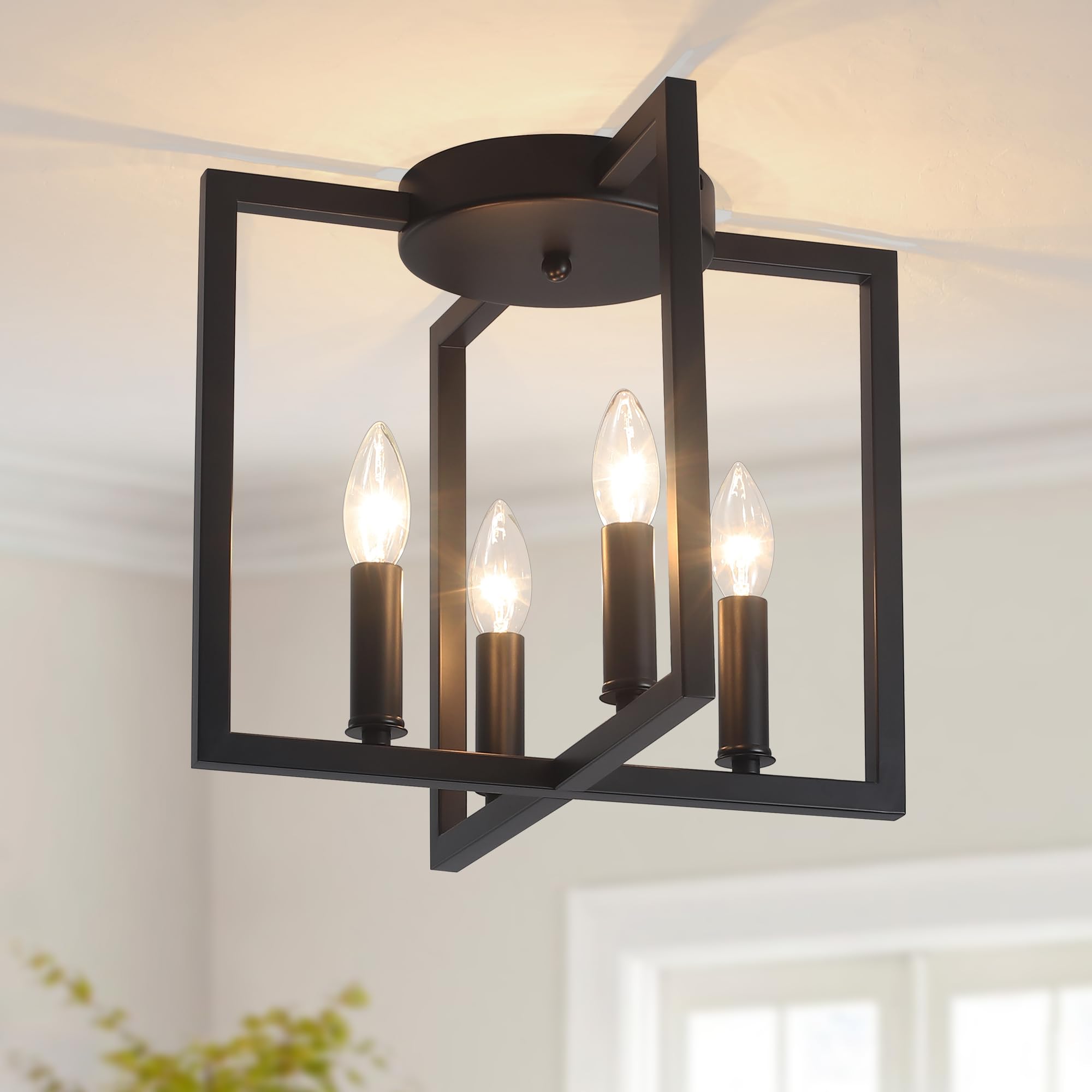 Adrinfly  Semi Flush Mount 4 Light Black Ceiling Light Modern Farmhouse Industrial Light with Geometric Metal Shade for Kitchen Hallway Bathroom