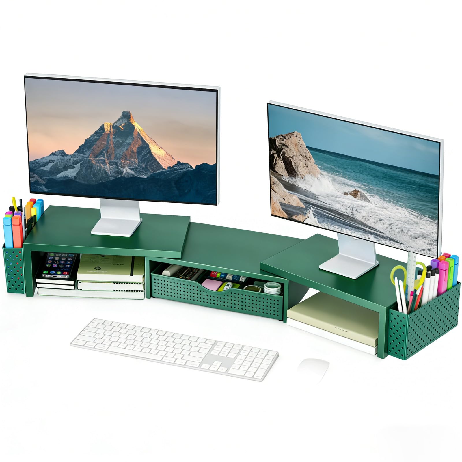 WZKZLH - Dark Gree Adjustable Dual Monitor Stand Riser With Drawer Pen Holders Book Racks Desktop...