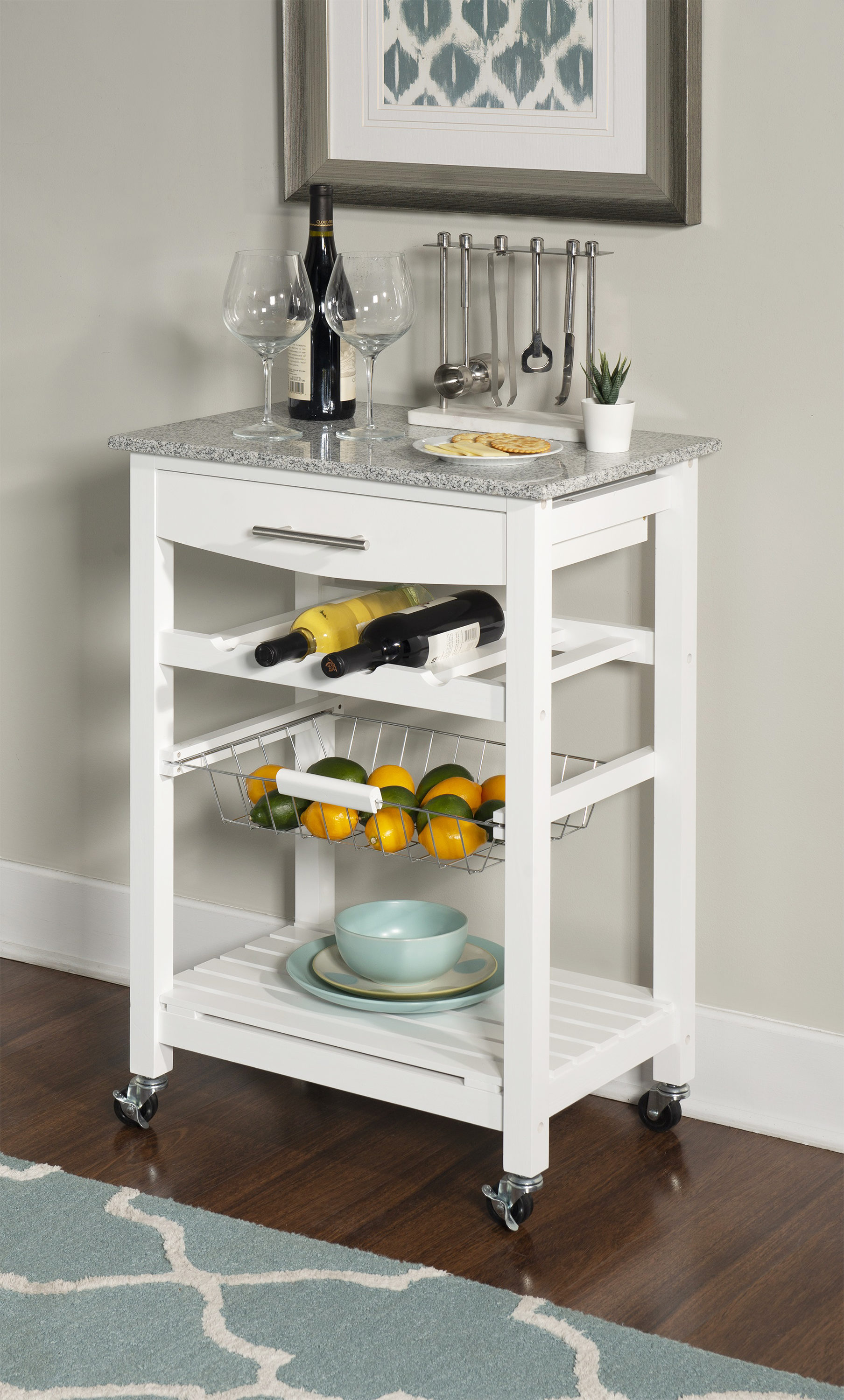 Linon White Wood Base with Granite Marble Top Rolling Kitchen Island ...