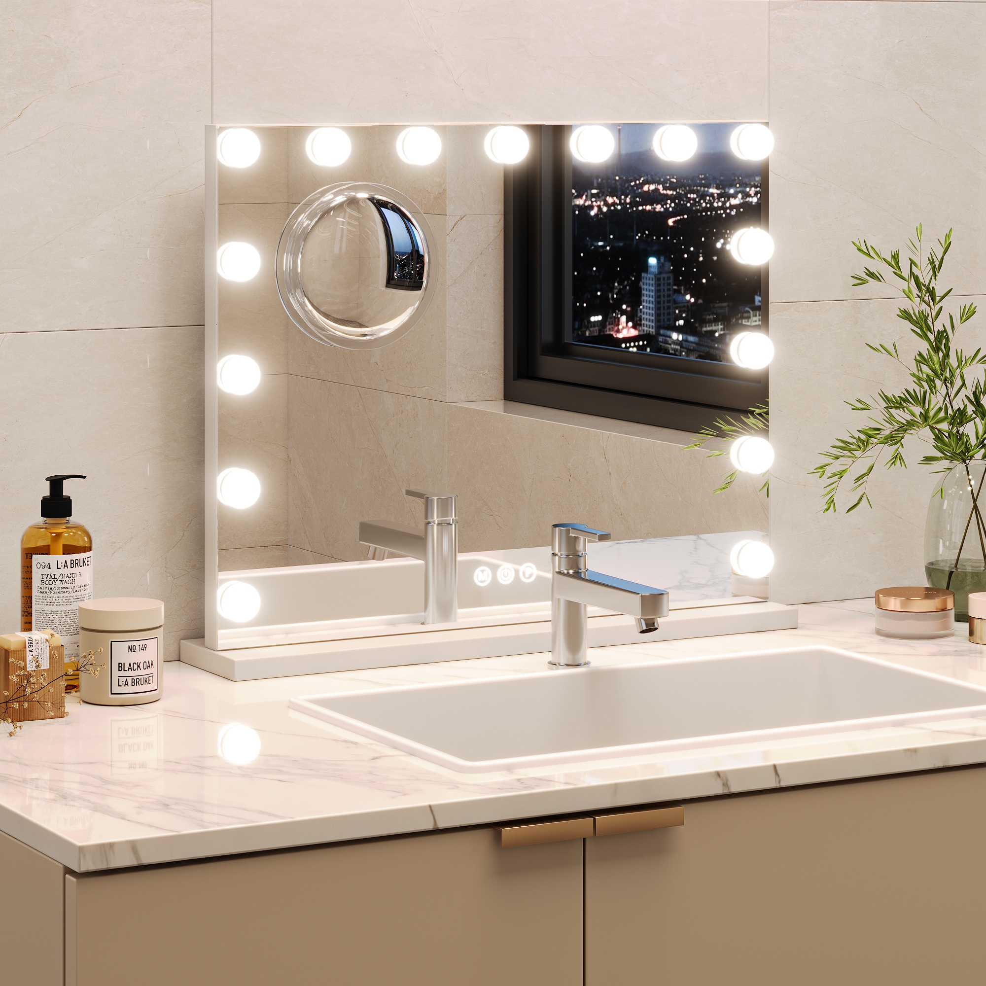 IdealHouse cinematic Vanity Mirror with Lights 23 inch x 18 inch Square 15 Dimmable Bulbs 3 Color Modes Touch Control 3X Magnification USB and Type C Charging Wall or Desk Mount White