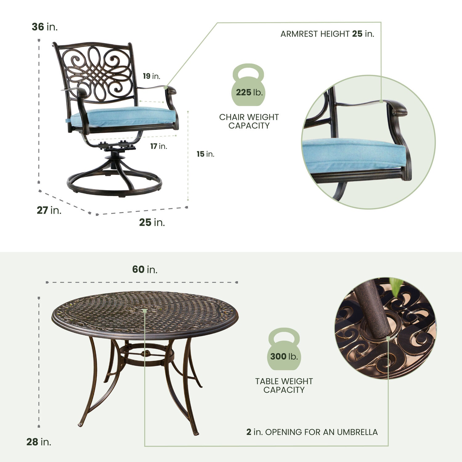 Bronze Cast Aluminum Round Outdoor Dining Set with Blue Cushions