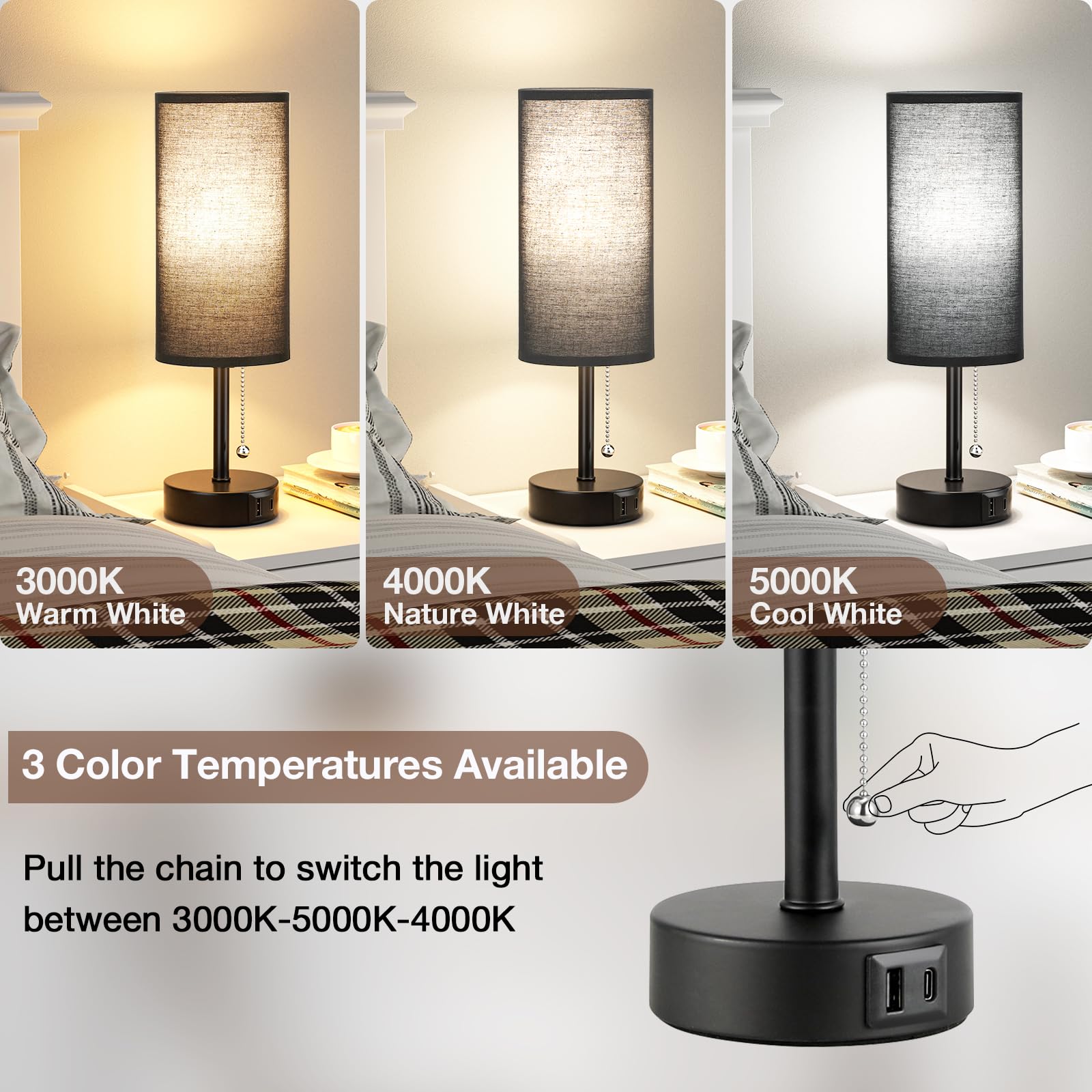 IUEST Black Bedside Lamps Set of 2 with USB Charging Port Pull Chain ...