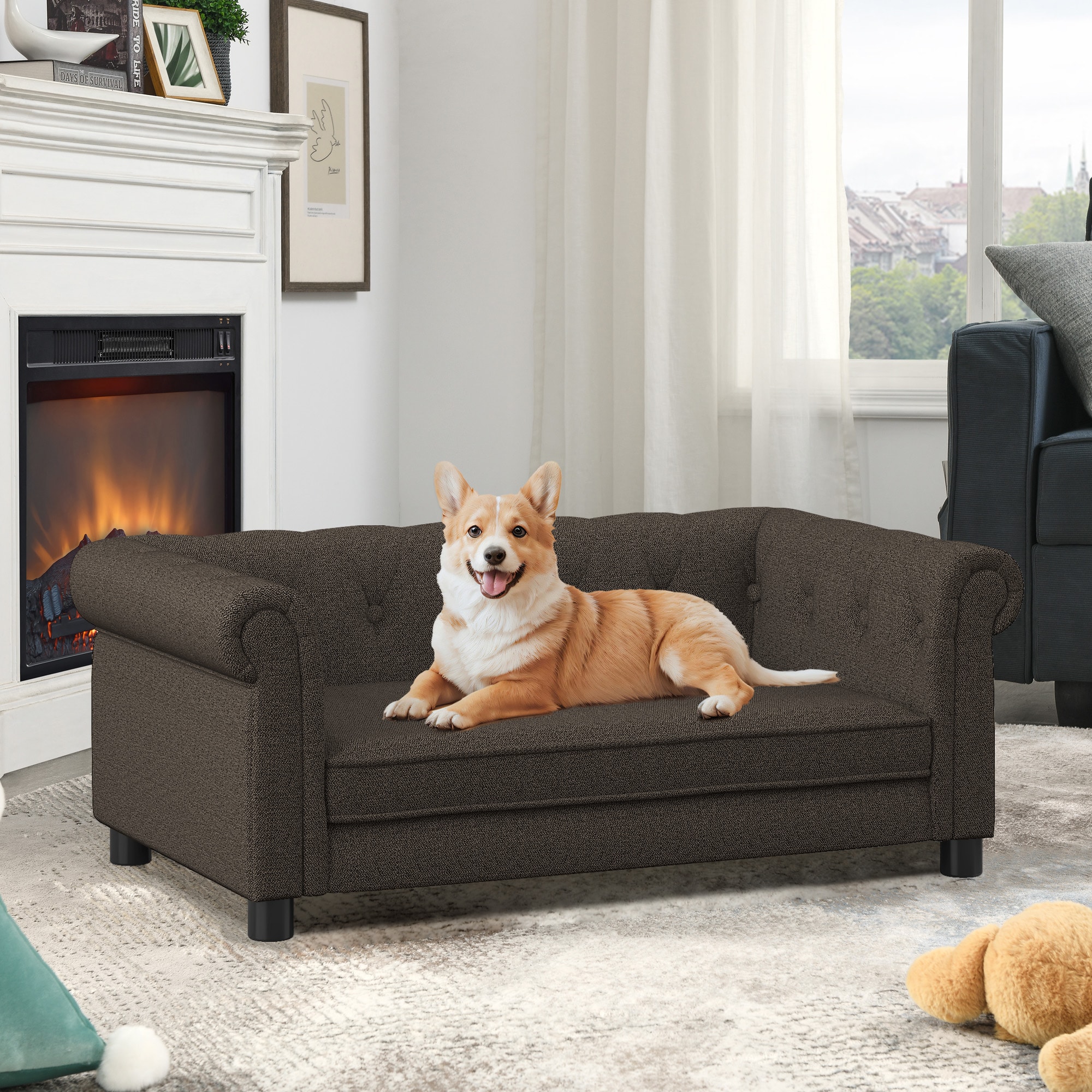 Tatayosi Elegant rectangular pet bed for small and medium-sized dogs durable elevated dog sofa bed comfortable dog sofa modern and fashionable linen fabric dog sofa-Dark Brown