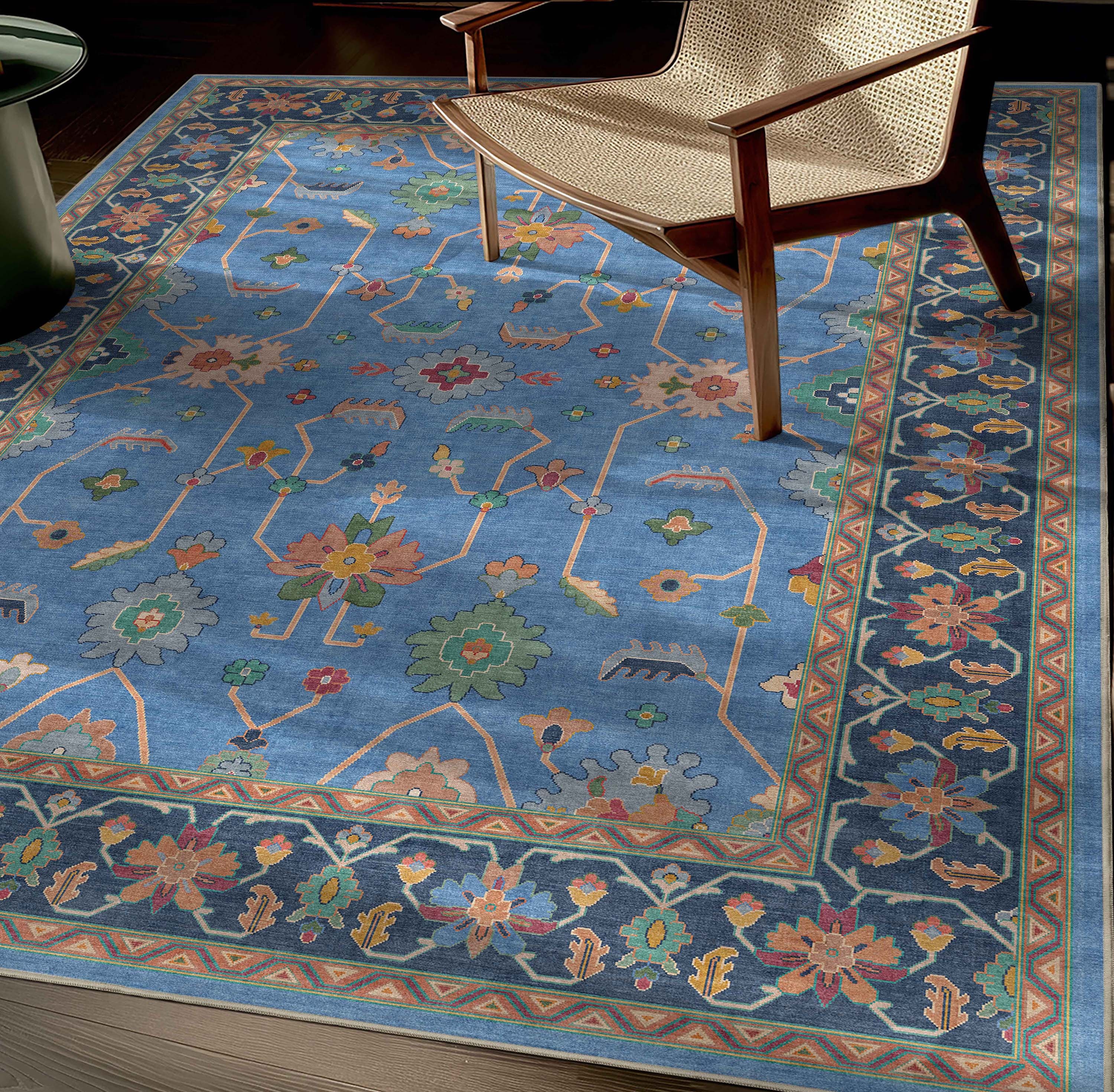 Well Woven W-US-02A-2H Ushak 2 x 24 (ft) Polyester Blue Rectangular Indoor Floral/Botanical Oriental Runner rug