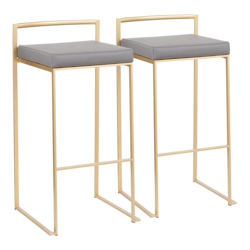 LumiSource B30-FUJI AUGY2 Fuji Set of 2 Gold Metal, Grey Pu 34-in H Bar height Upholstered Stackable Metal Bar Stool