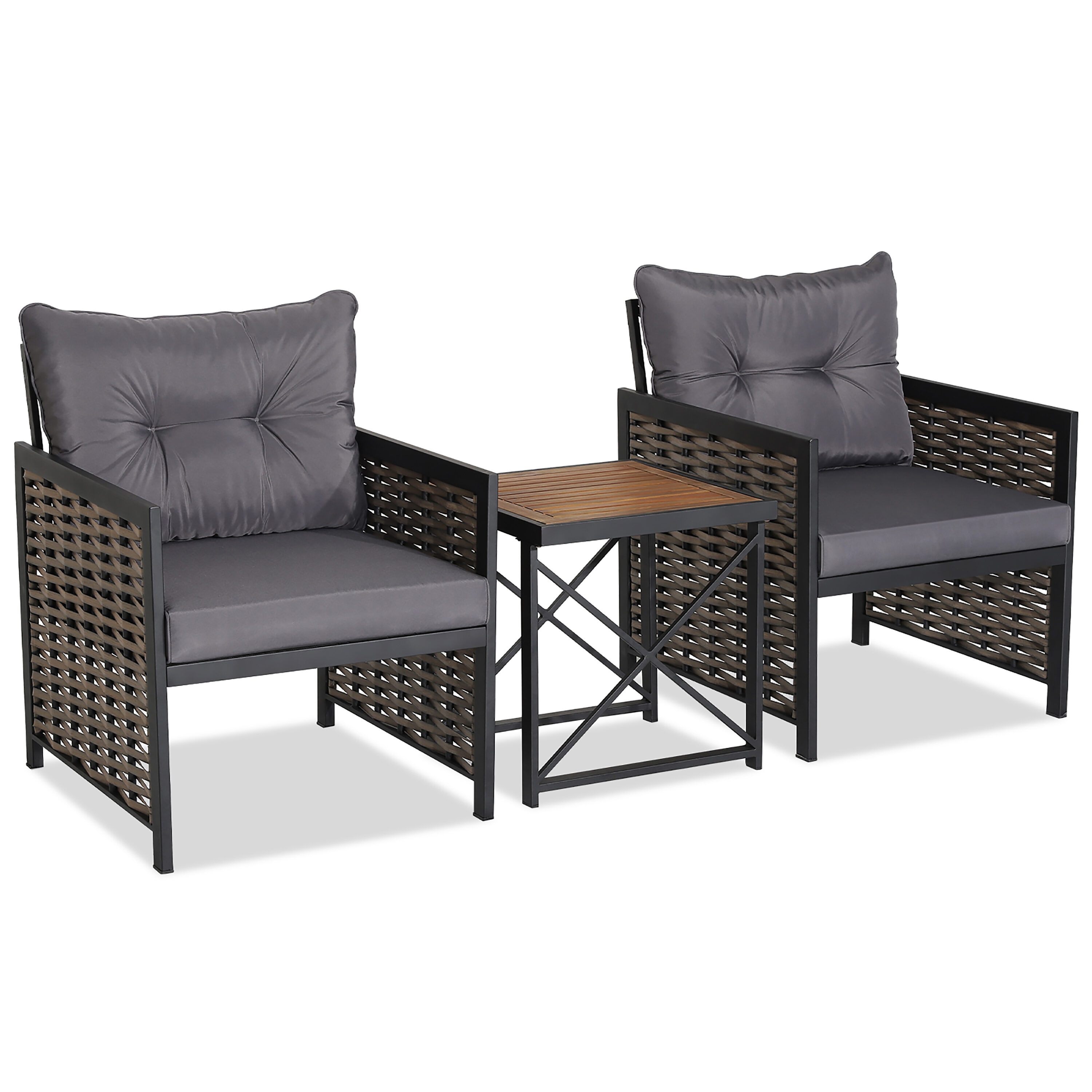 Costway HW70686GR 3 -Piece Rattan Patio Conversation Set with Gray Cushions