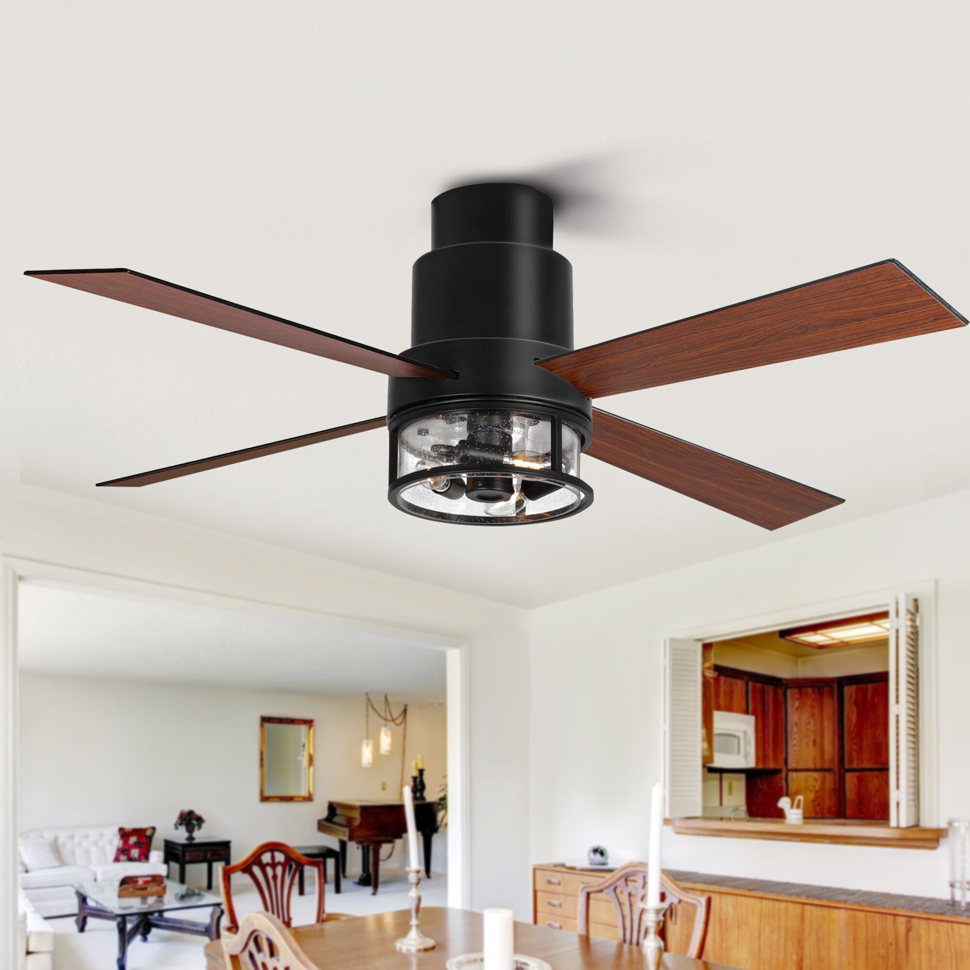 Breezary 52-in Black with Brown Blades LED Indoor/Outdoor Flush Mount ...