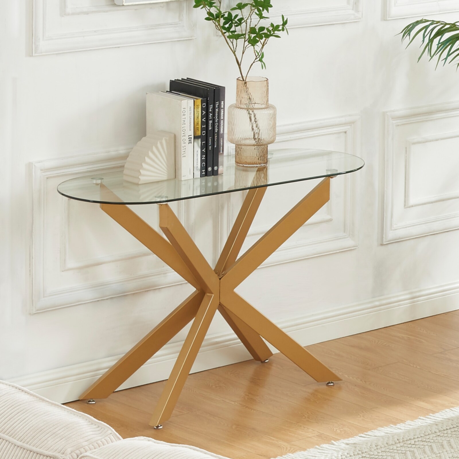 EDYO LIVING WMTB09-GLD Modern Round Glass Clear 45.3-in W x 29.5-in H Console table