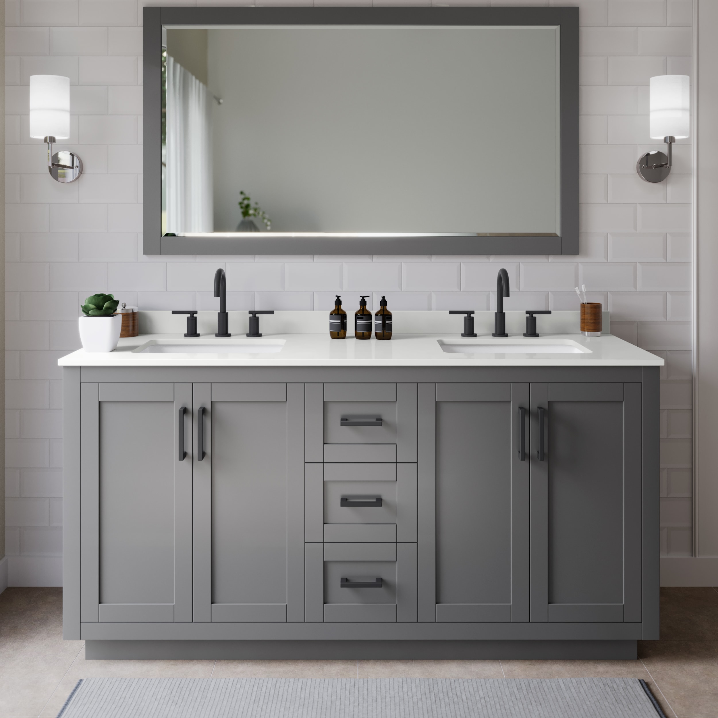 Wyndham Collection WCF292966DGBWQUS3M58 Miranda 66-in Dark Gray Undermount Double Sink Bathroom Vanity with White Quartz Top (Mirror Included)