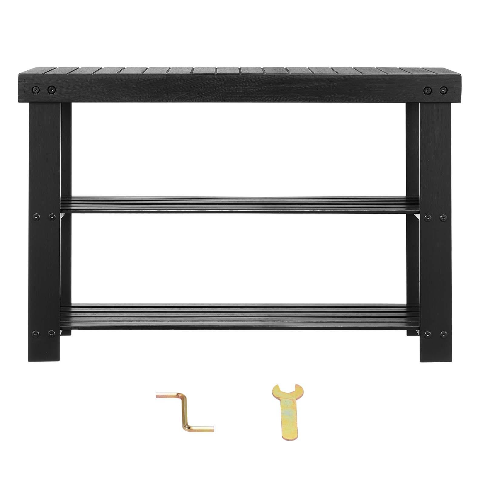 JUSHUA 27.6 x 11.3 x 17.8-Inch Black Bamboo 3 Tier Shoe Rack Bench with 286 lb Capacity