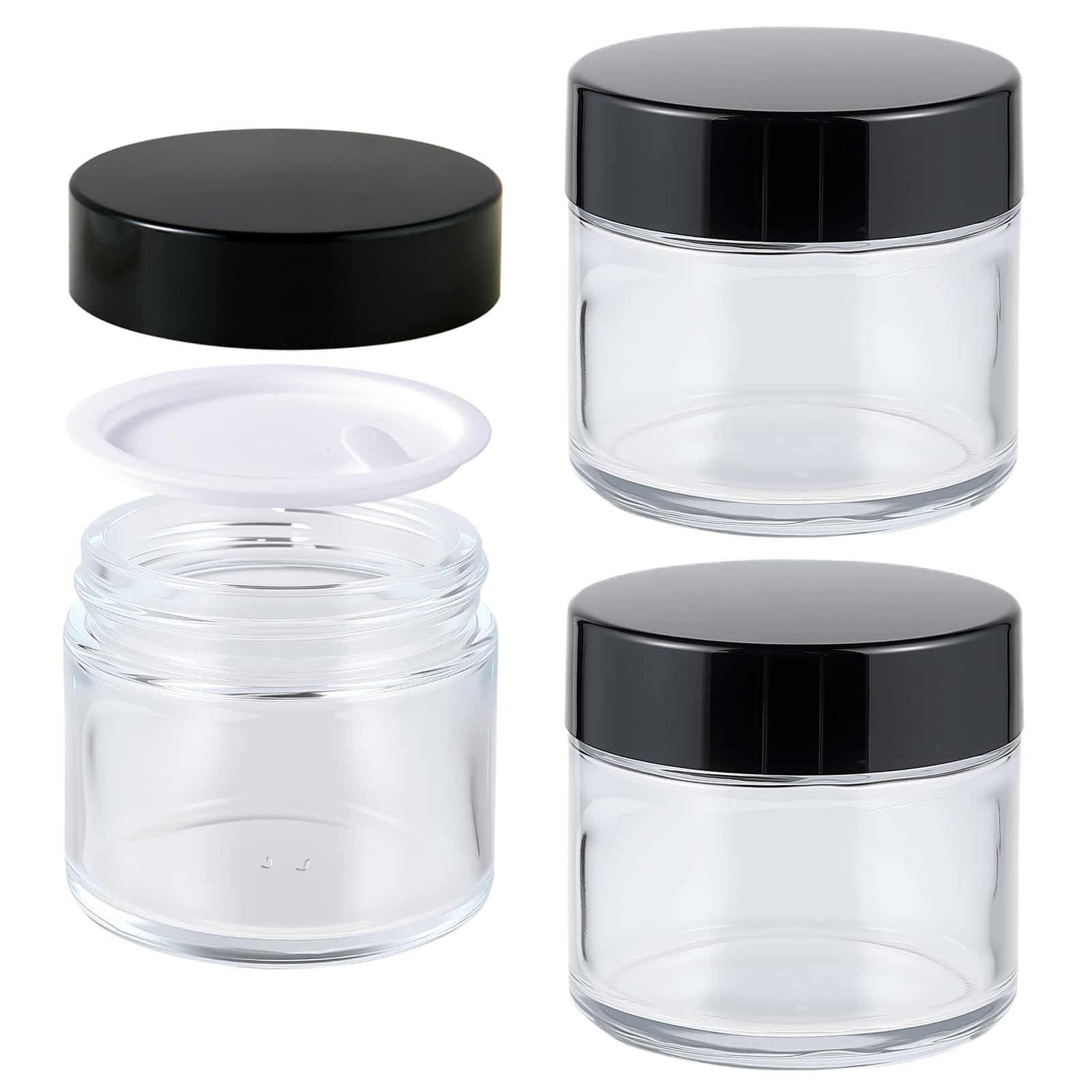 DHMHD  2oz Clear Glass Jars with Black Lids Set of 3 Airtight Round Containers for Storing Cosmetics Powders Ointments and Small Items